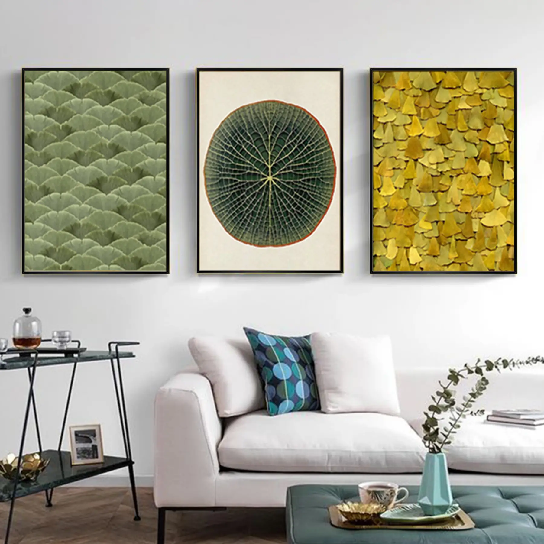 Yeşil Krem Çiçek Desenli Metal Çerçeveli Tablo Seti Siyah