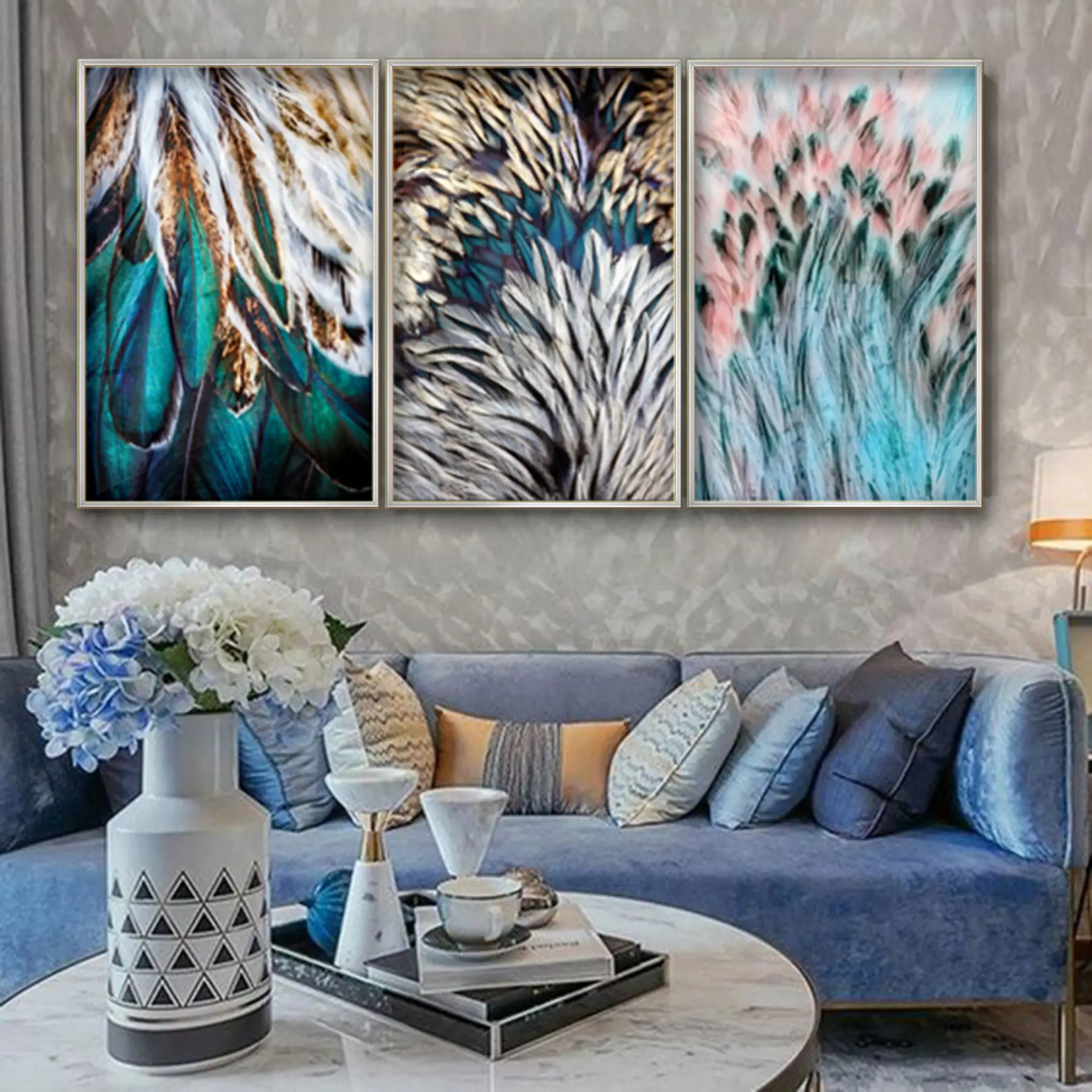 Rengarenk Tüyler Desenli Metal Çerçeveli Tablo Seti Gümüş