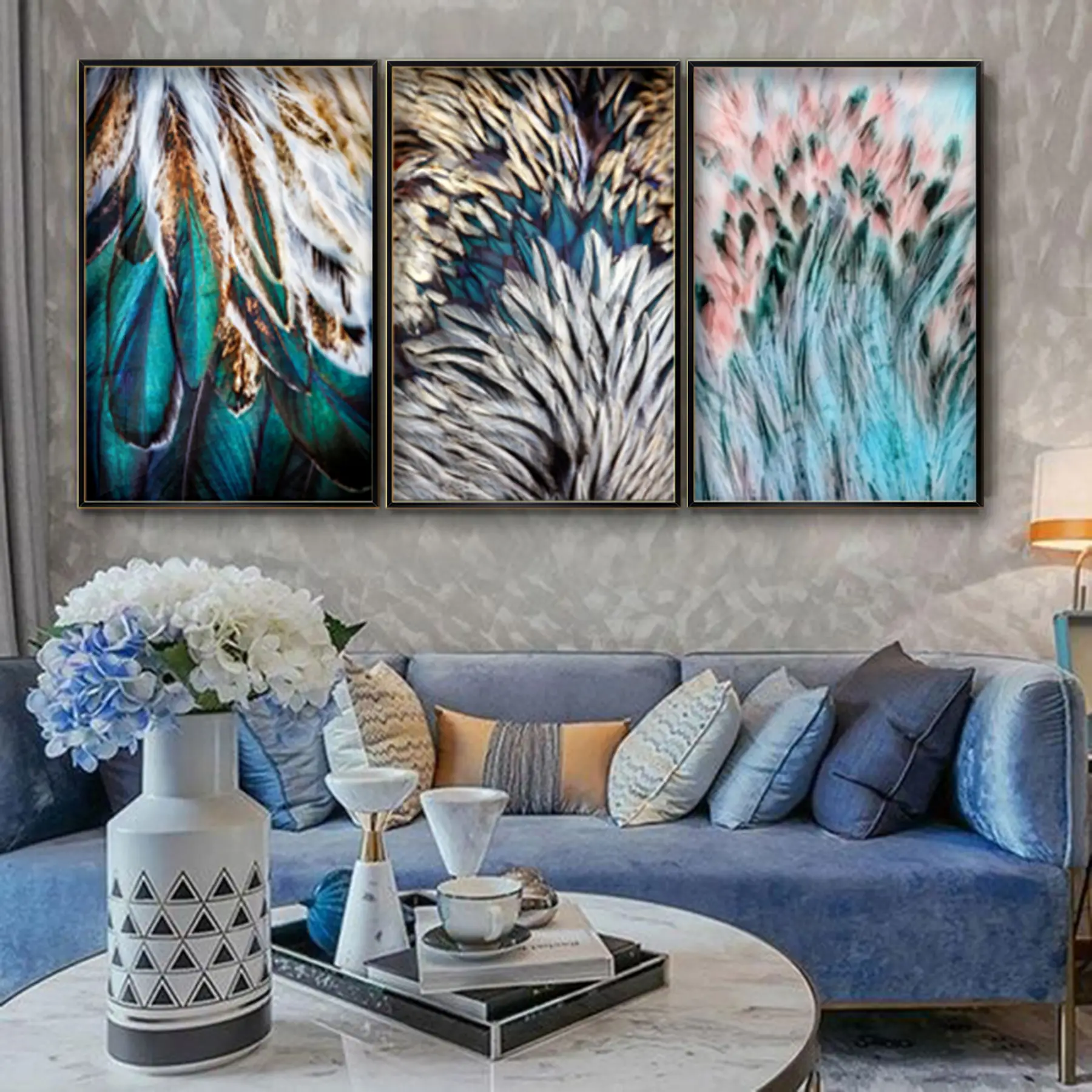 Rengarenk Tüyler Desenli Metal Çerçeveli Tablo Seti Siyah