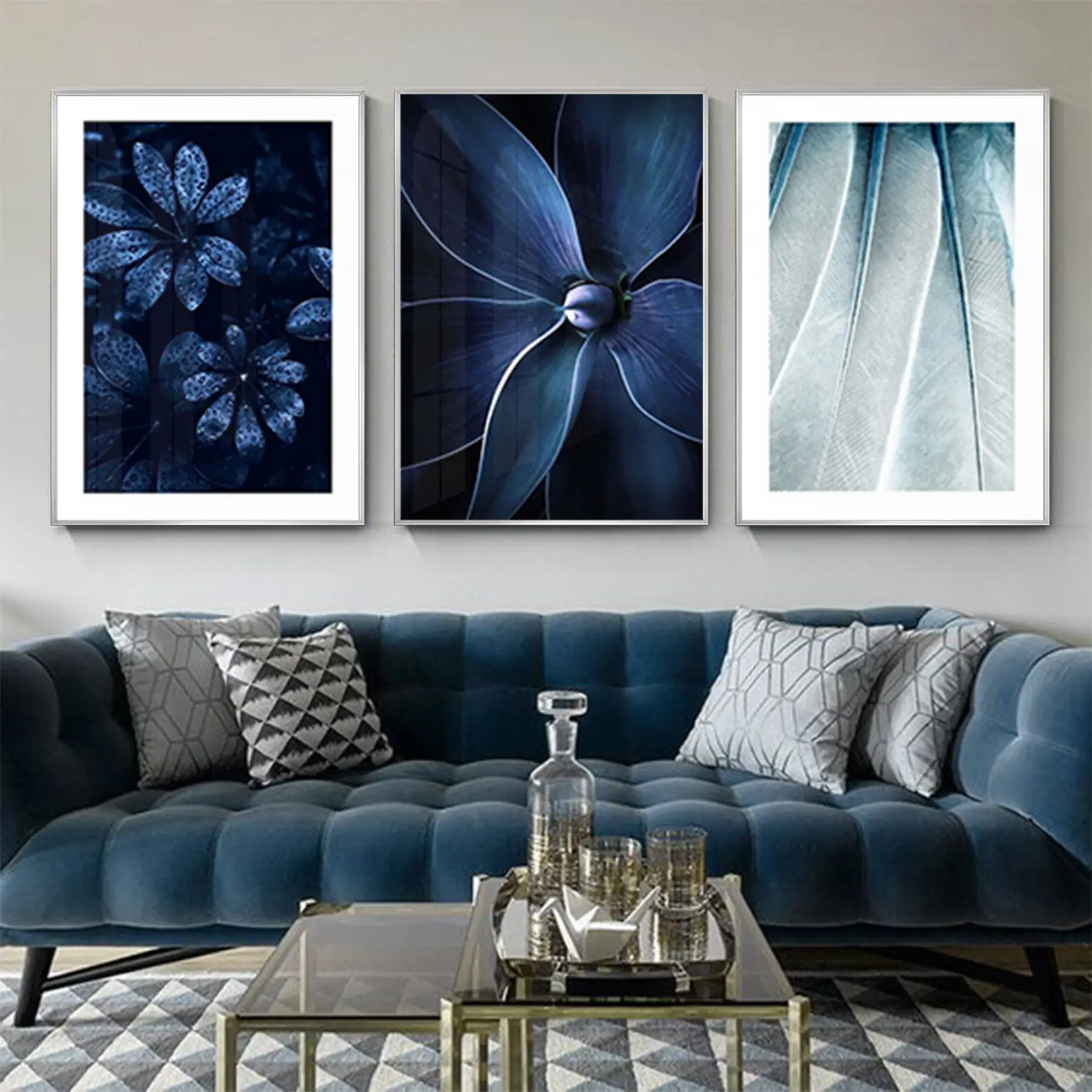 Lacivert Çiçek Desenli Metal Çerçeveli Tablo Seti Gümüş
