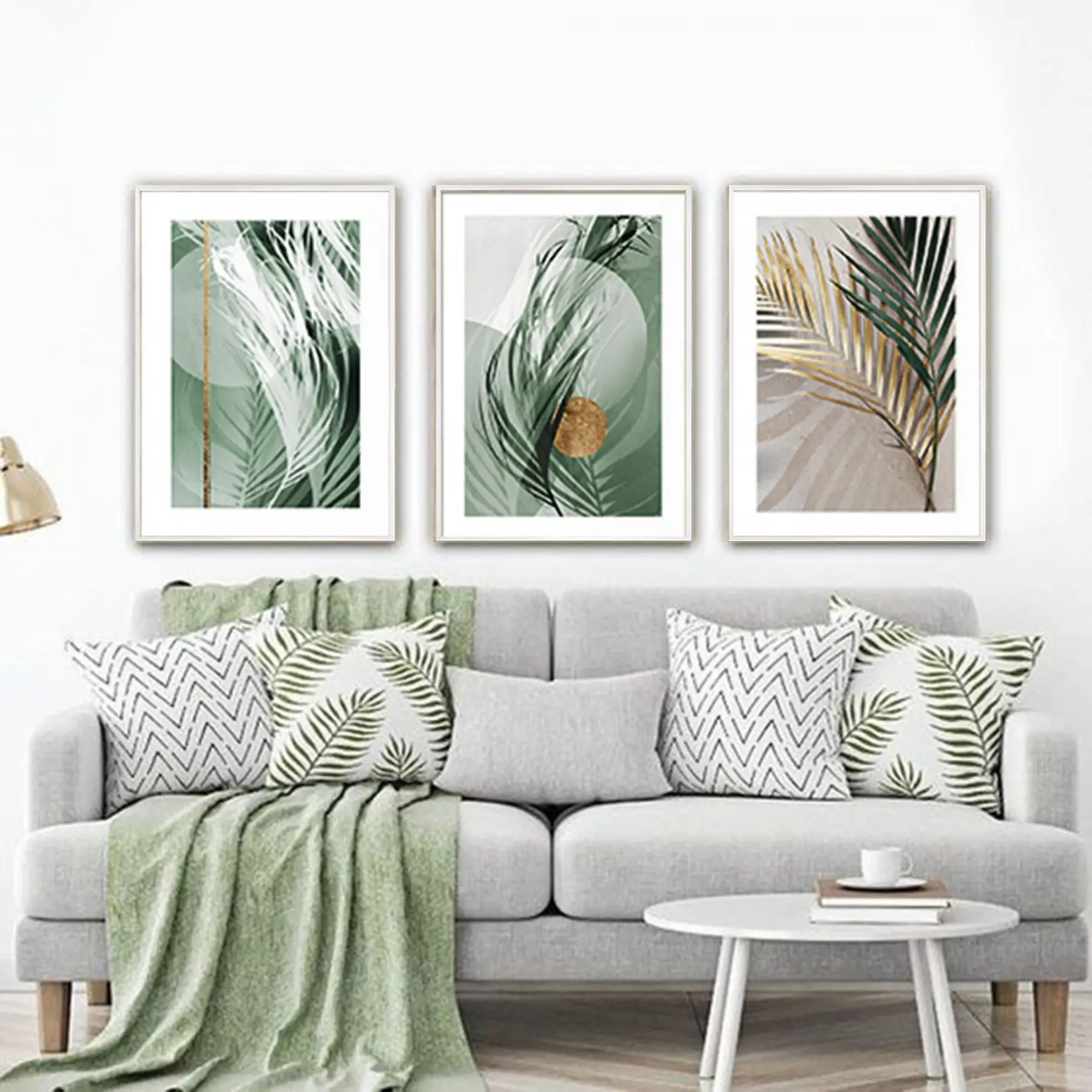 Yeşil Ve Gold Detaylı Metal Çerçeveli Tablo Seti Beyaz