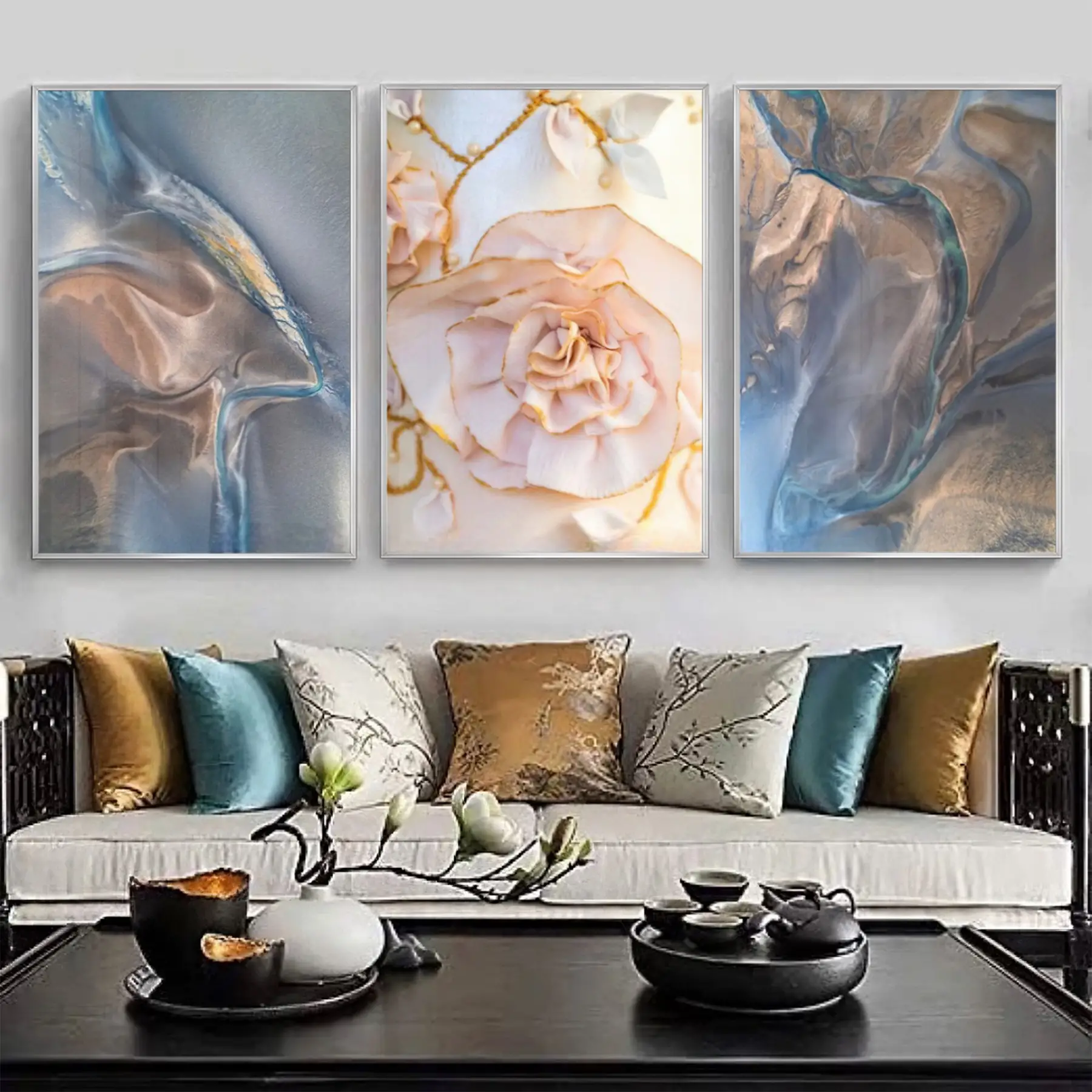 Renkli Çiçek Desenli Metal Çerçeveli Tablo Seti Gümüş