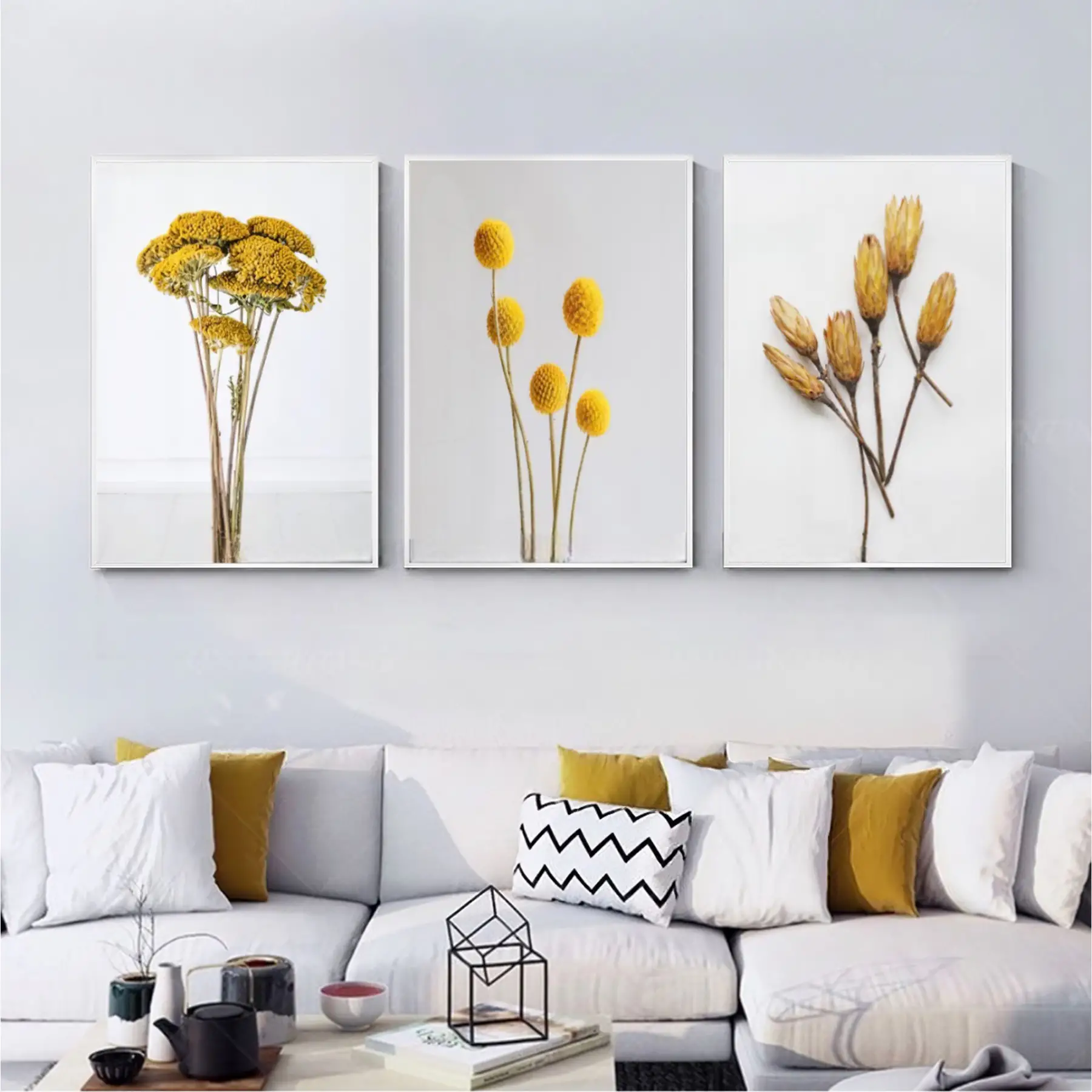 Sarı Çiçek Desenli Metal Çerçeveli Tablo Seti Beyaz