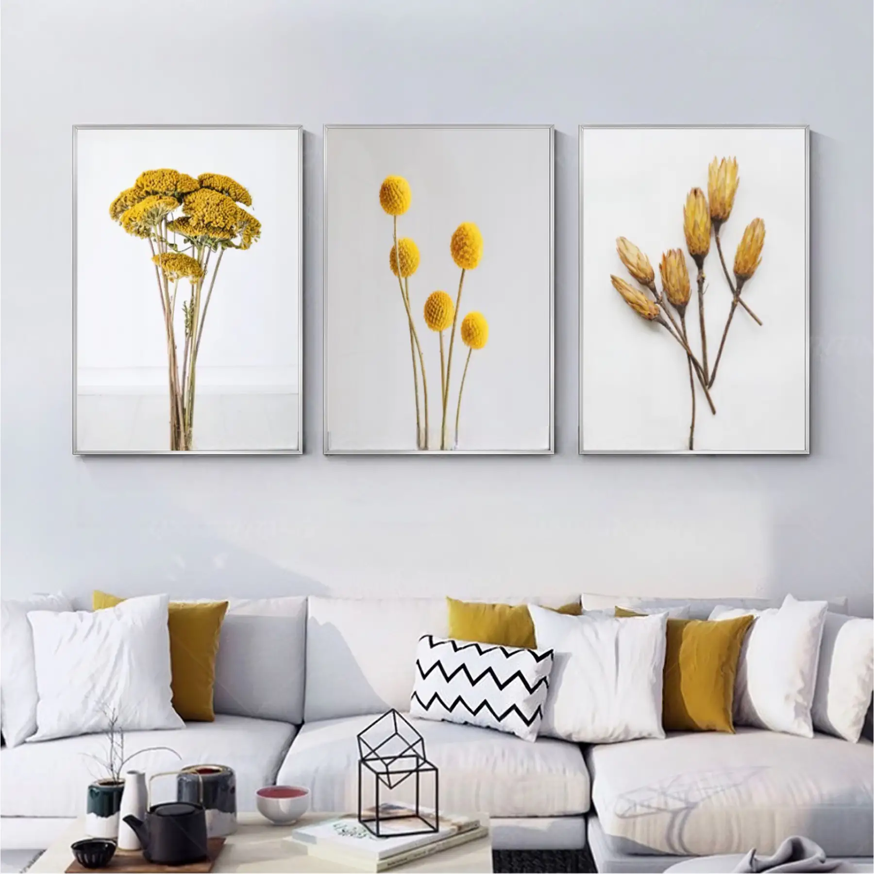Sarı Çiçek Desenli Metal Çerçeveli Tablo Seti Gümüş