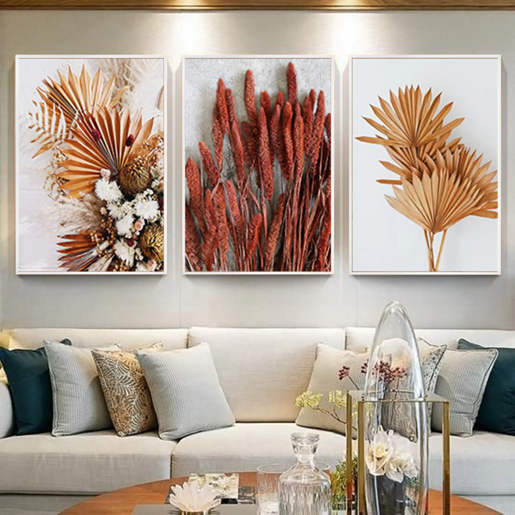 Turuncu Çiçekler Desenli Metal Çerçeveli Tablo Seti Beyaz