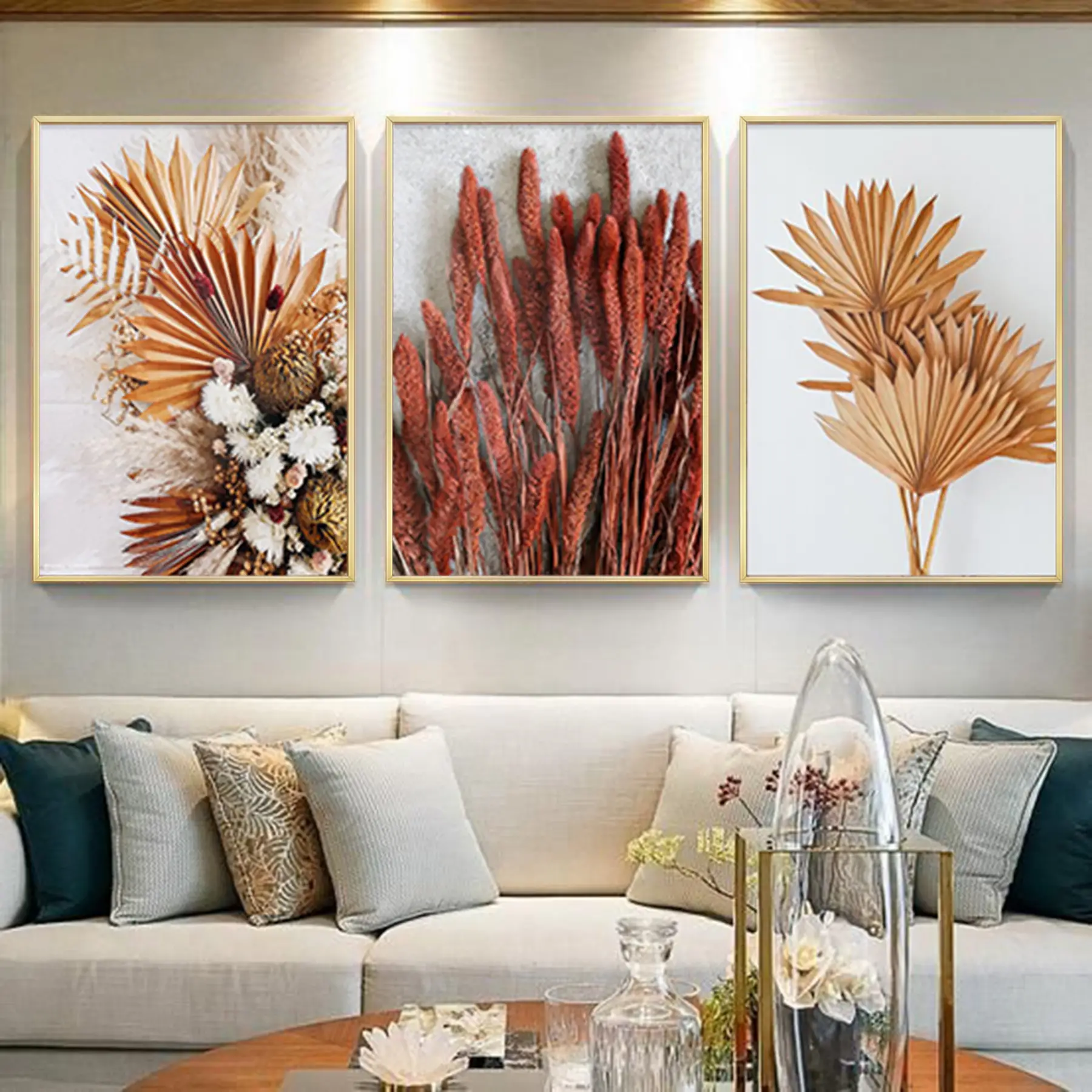 Turuncu Çiçekler Desenli Metal Çerçeveli Tablo Seti Altın