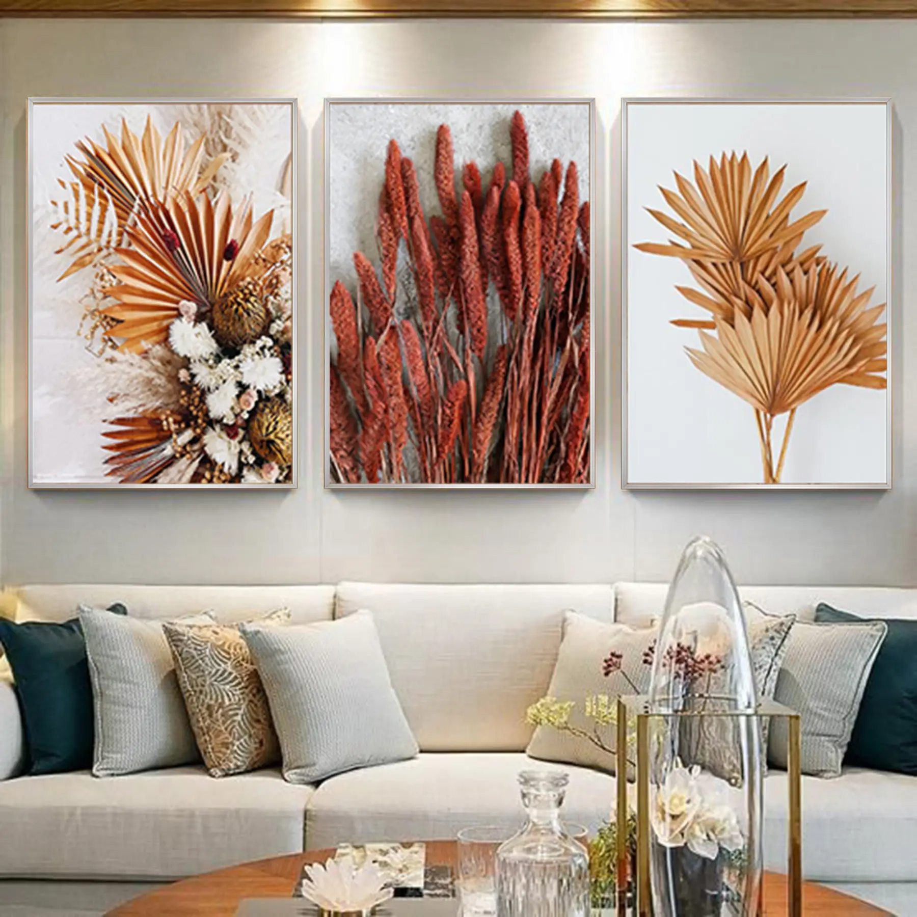 Turuncu Çiçekler Desenli Metal Çerçeveli Tablo Seti Gümüş