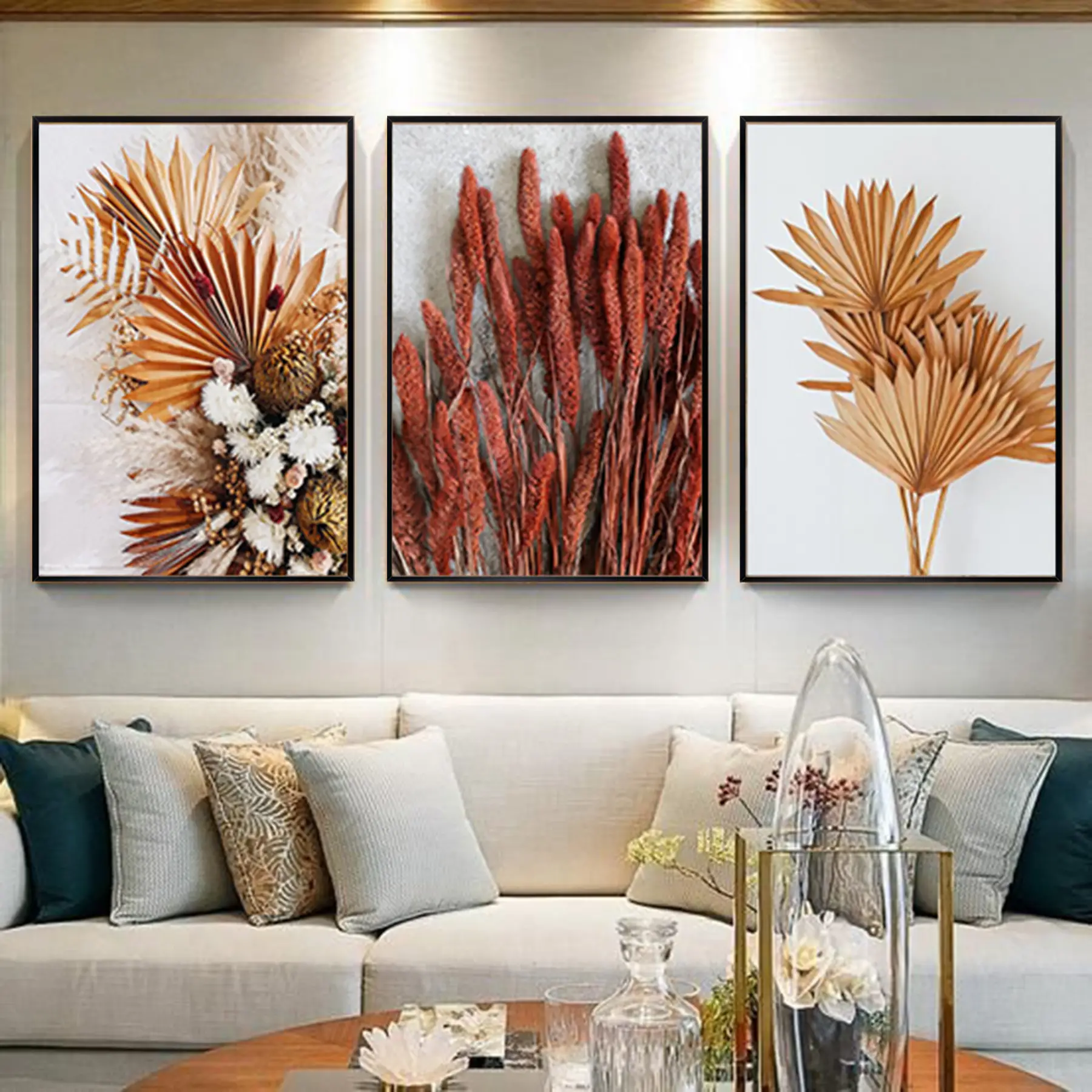 Turuncu Çiçekler Desenli Metal Çerçeveli Tablo Seti Siyah