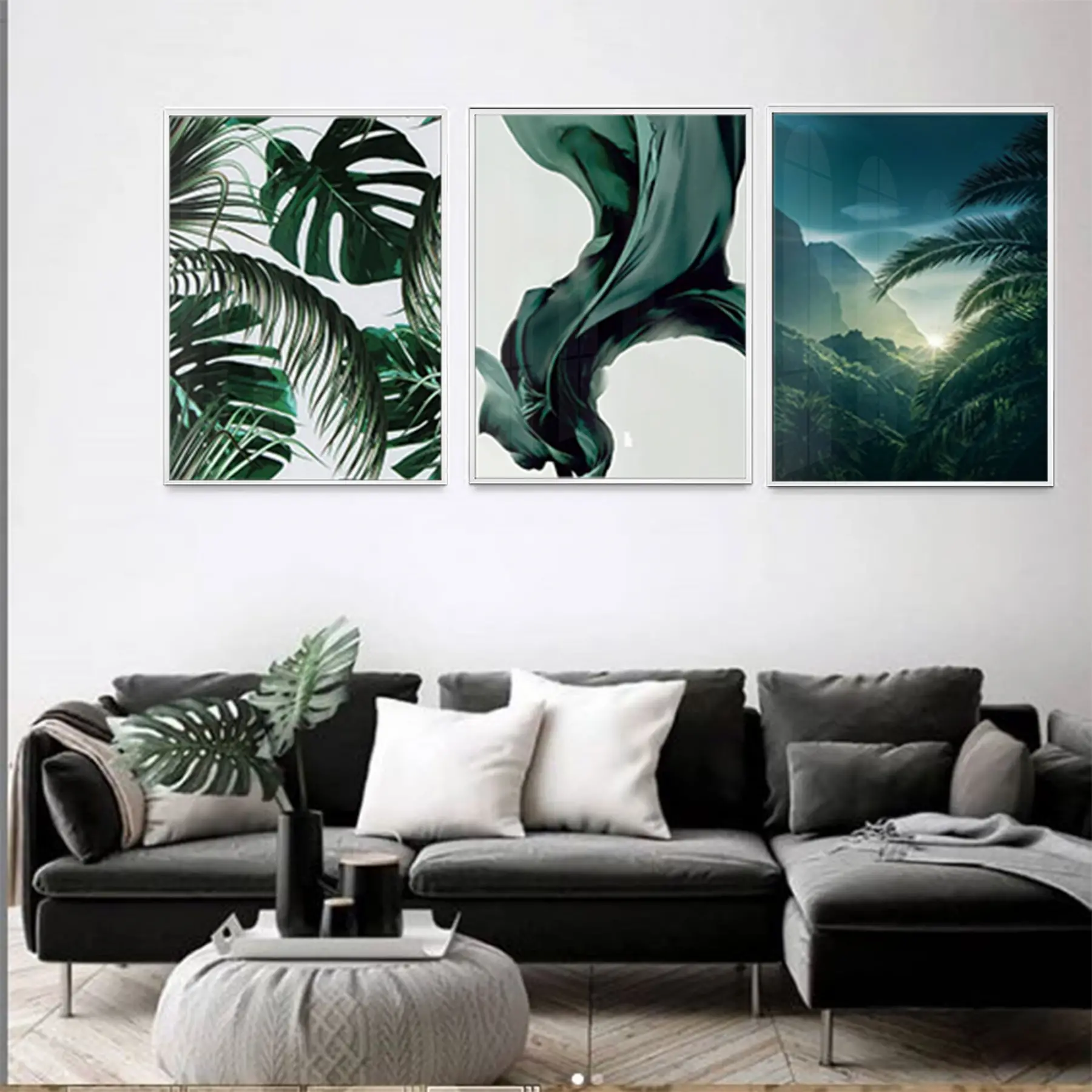 Yeşil Yapraklar Tasarım Metal Çerçeveli Tablo Seti Beyaz