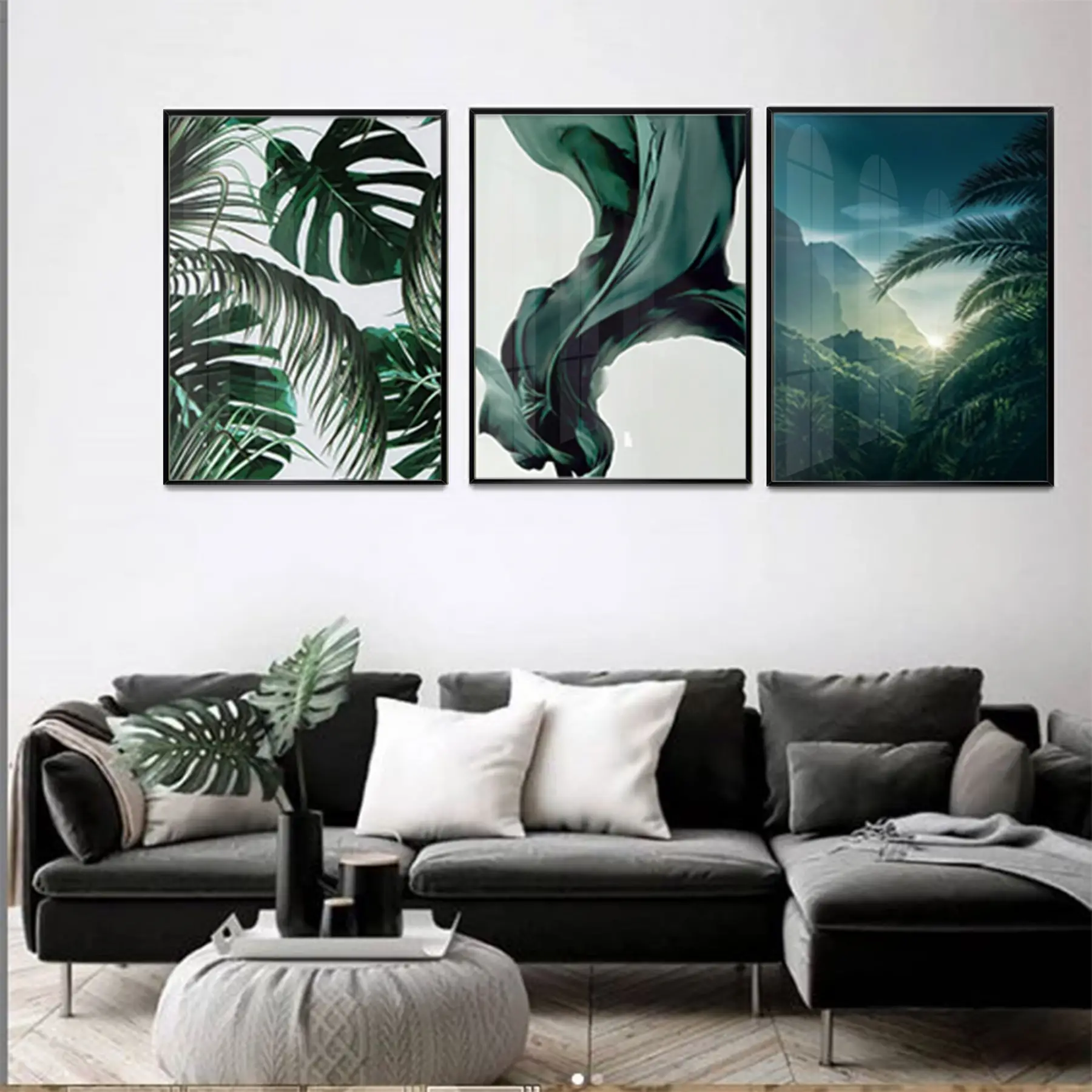 Yeşil Yapraklar Tasarım Metal Çerçeveli Tablo Seti Siyah