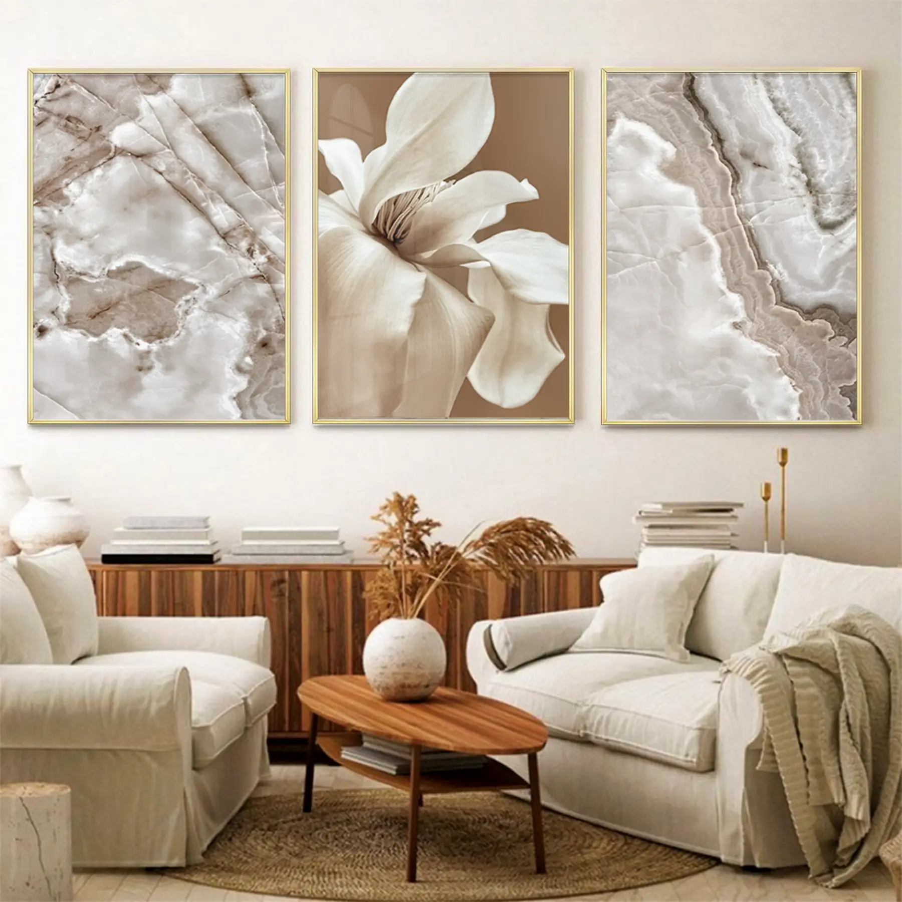 Kahve Tonları Çiçek Desenli Metal Çerçeveli Tablo Seti Altın