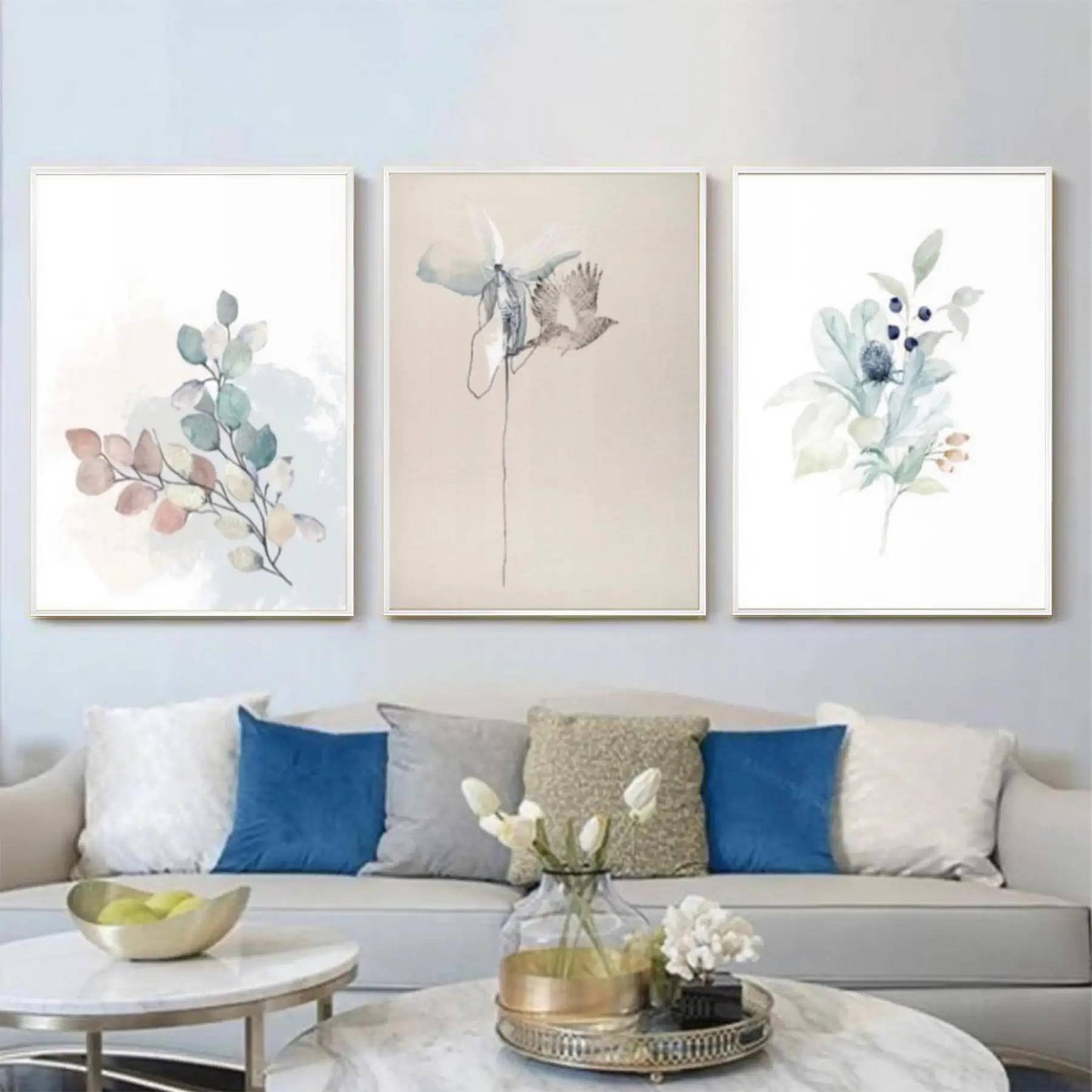 Bohem Renkler Çiçek Desenli Metal Çerçeveli Tablo Seti Beyaz