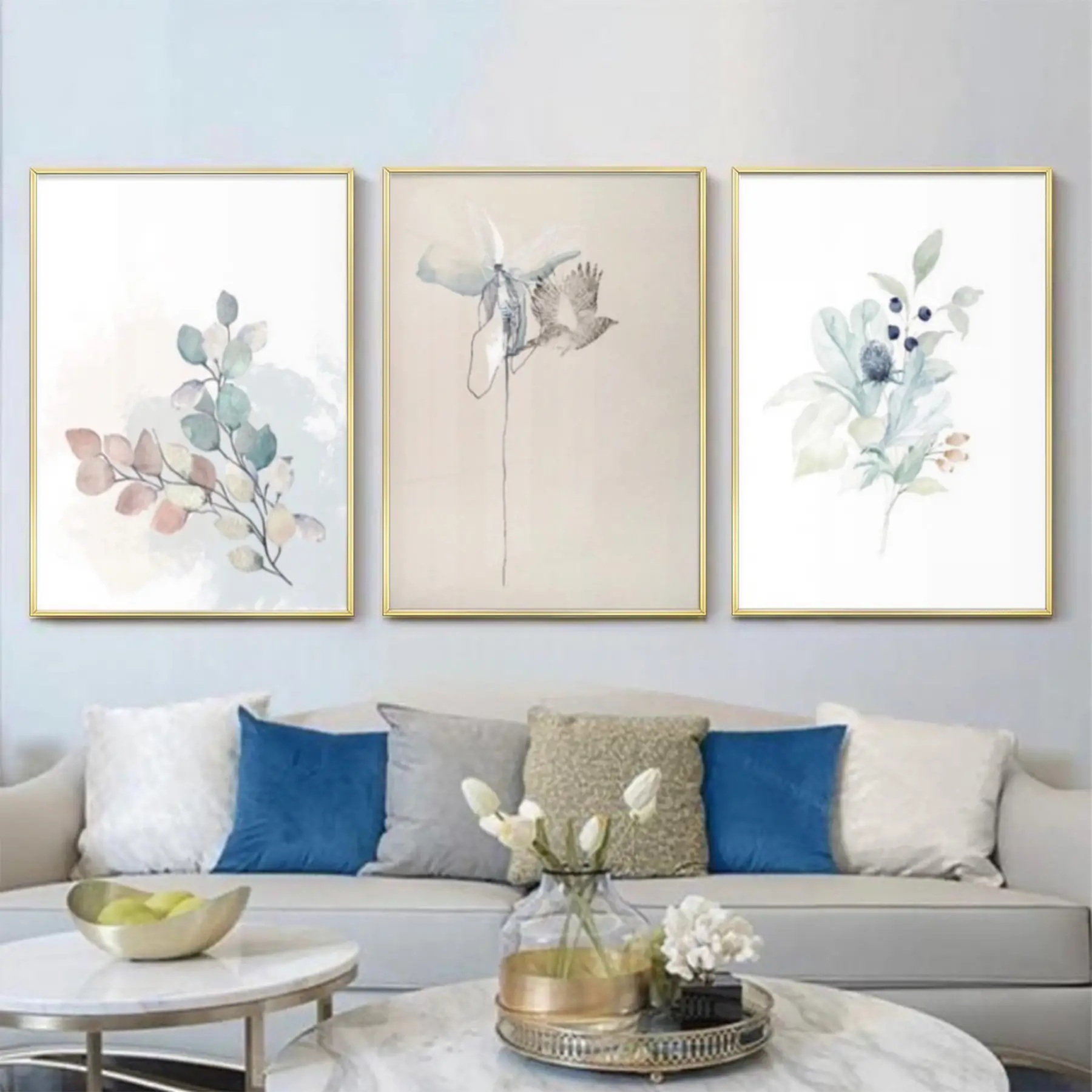 Bohem Renkler Çiçek Desenli Metal Çerçeveli Tablo Seti Altın