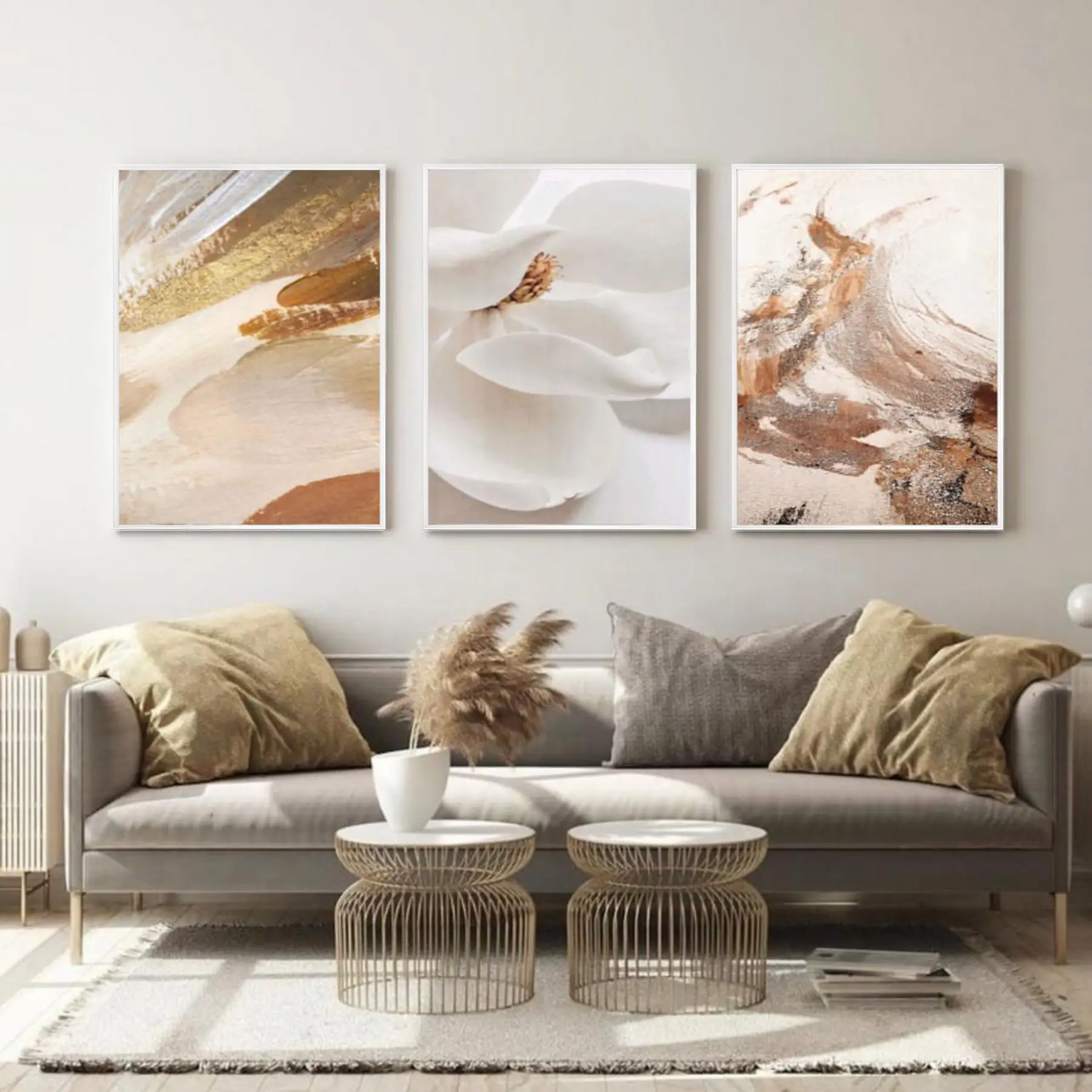 Krem Renkler Çiçek Desenli Metal Çerçeveli Tablo Seti Beyaz