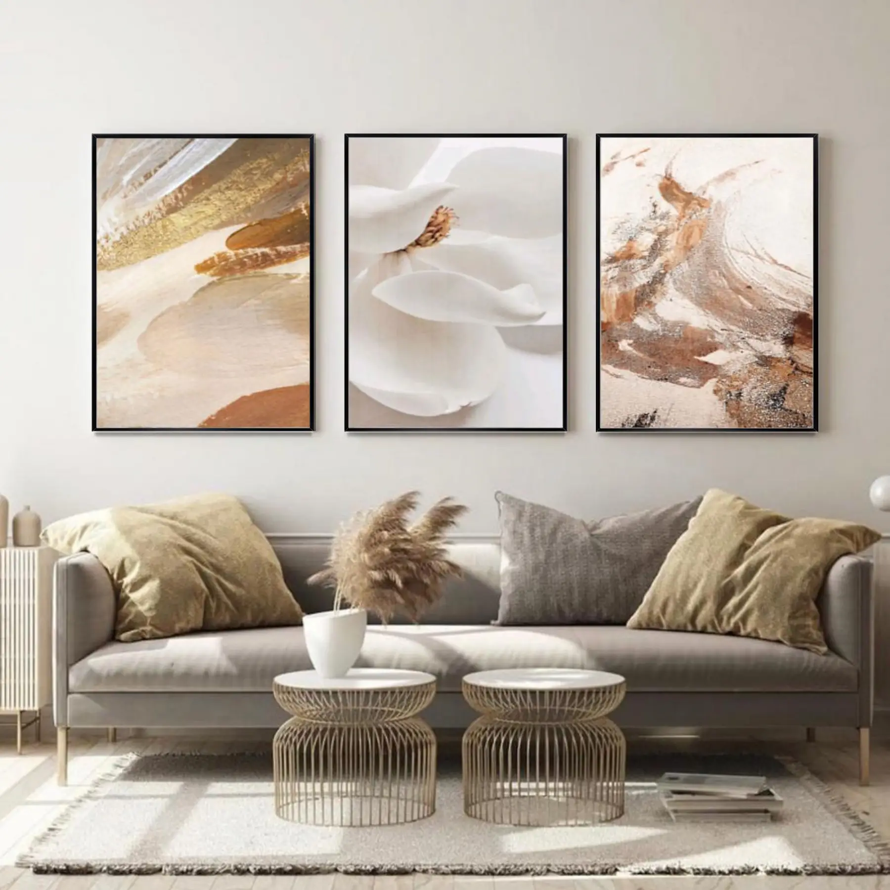 Krem Renkler Çiçek Desenli Metal Çerçeveli Tablo Seti Siyah