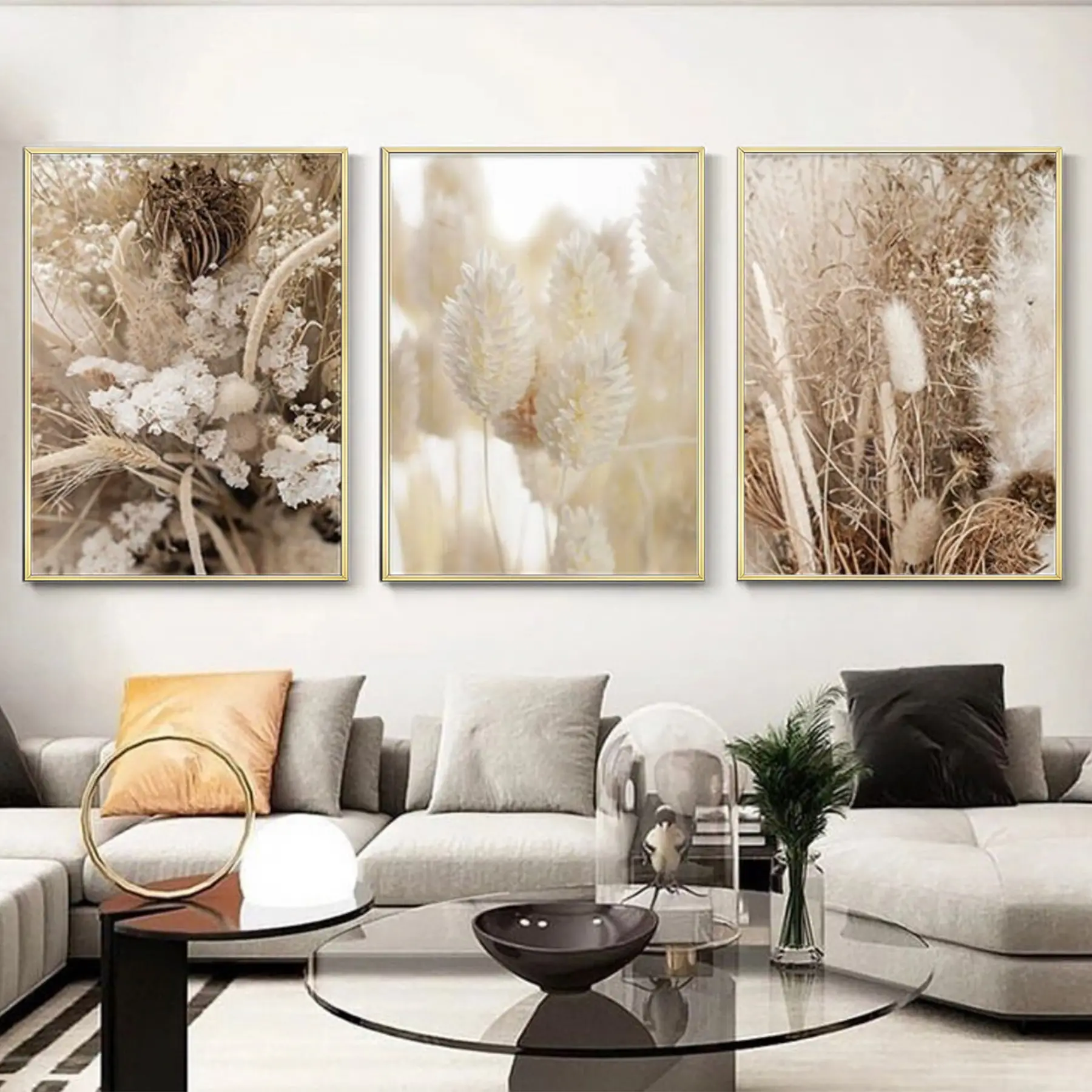 Kahrengi Desenli Çiçek Detaylı Metal Çerçeveli Tablo Seti Altın