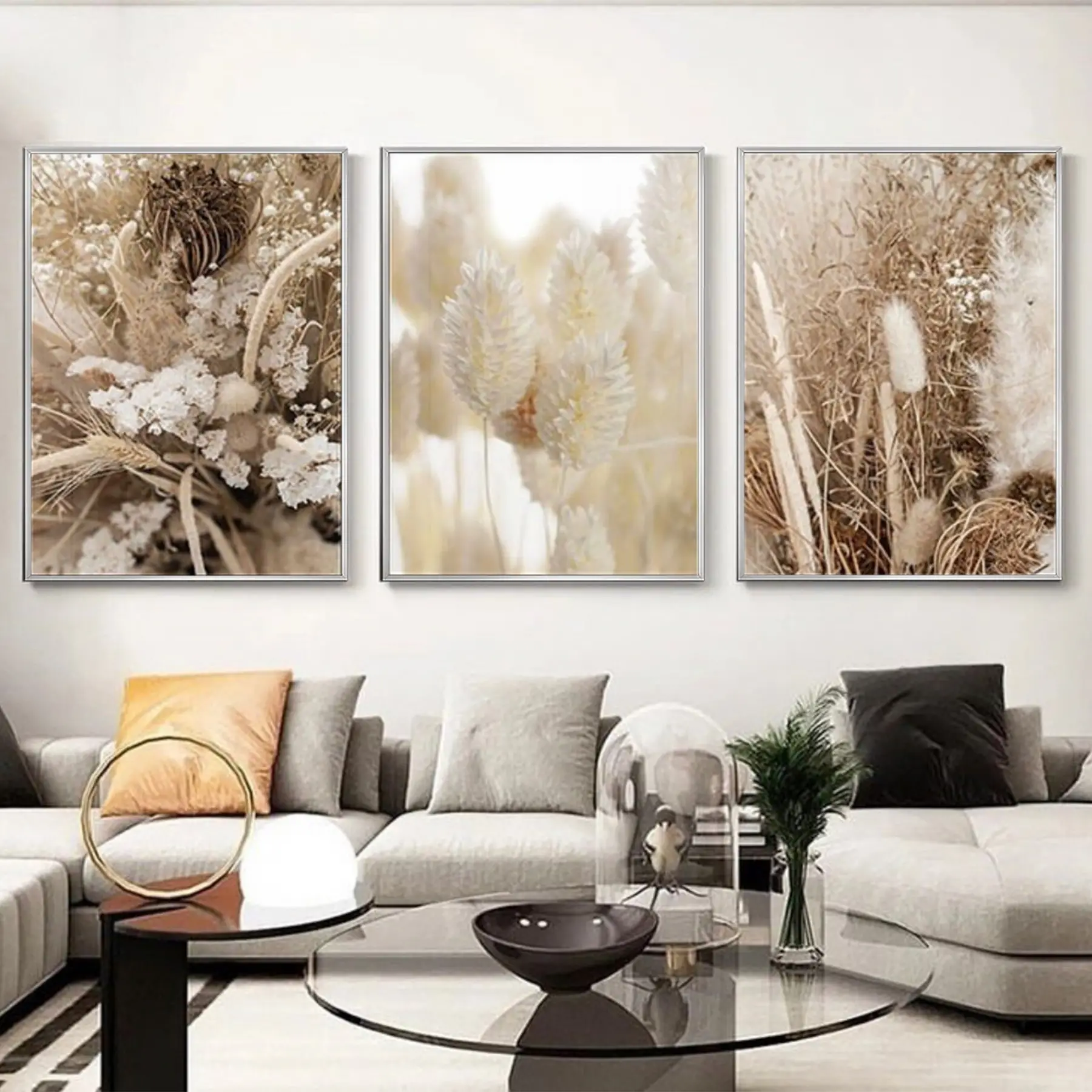 Kahrengi Desenli Çiçek Detaylı Metal Çerçeveli Tablo Seti Gümüş