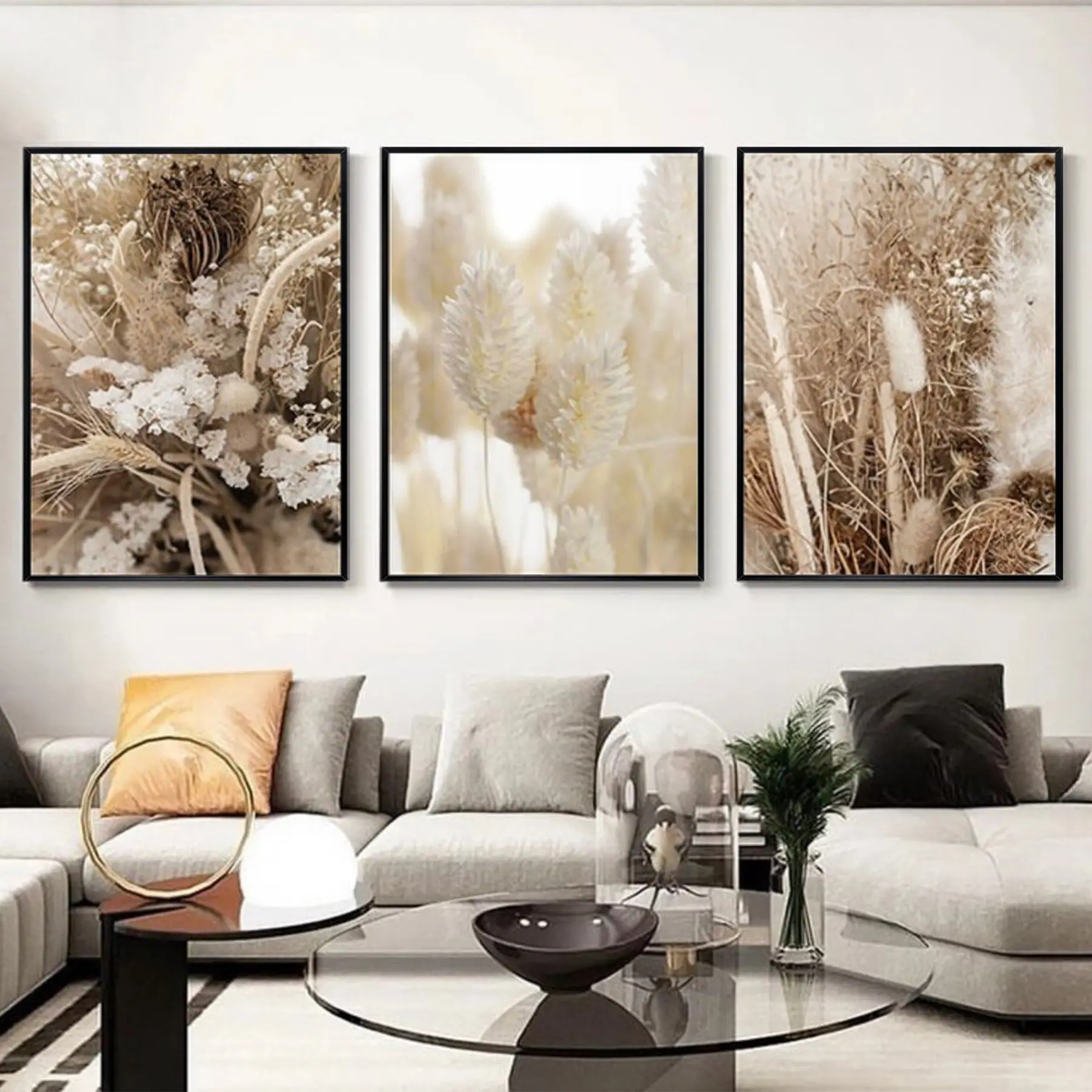 Kahrengi Desenli Çiçek Detaylı Metal Çerçeveli Tablo Seti Siyah