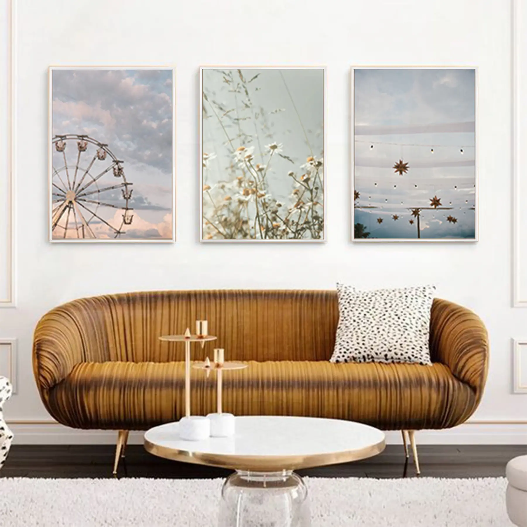 Manzara Detaylı Metal Çerçeveli Tablo Seti Beyaz