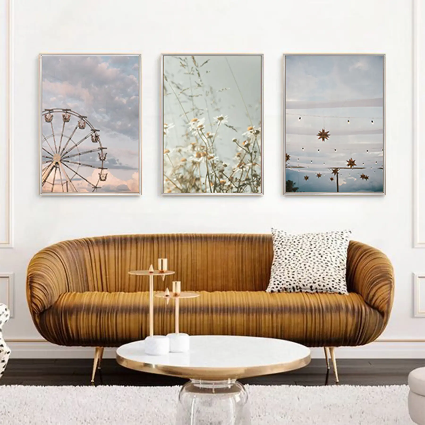 Manzara Detaylı Metal Çerçeveli Tablo Seti Gümüş