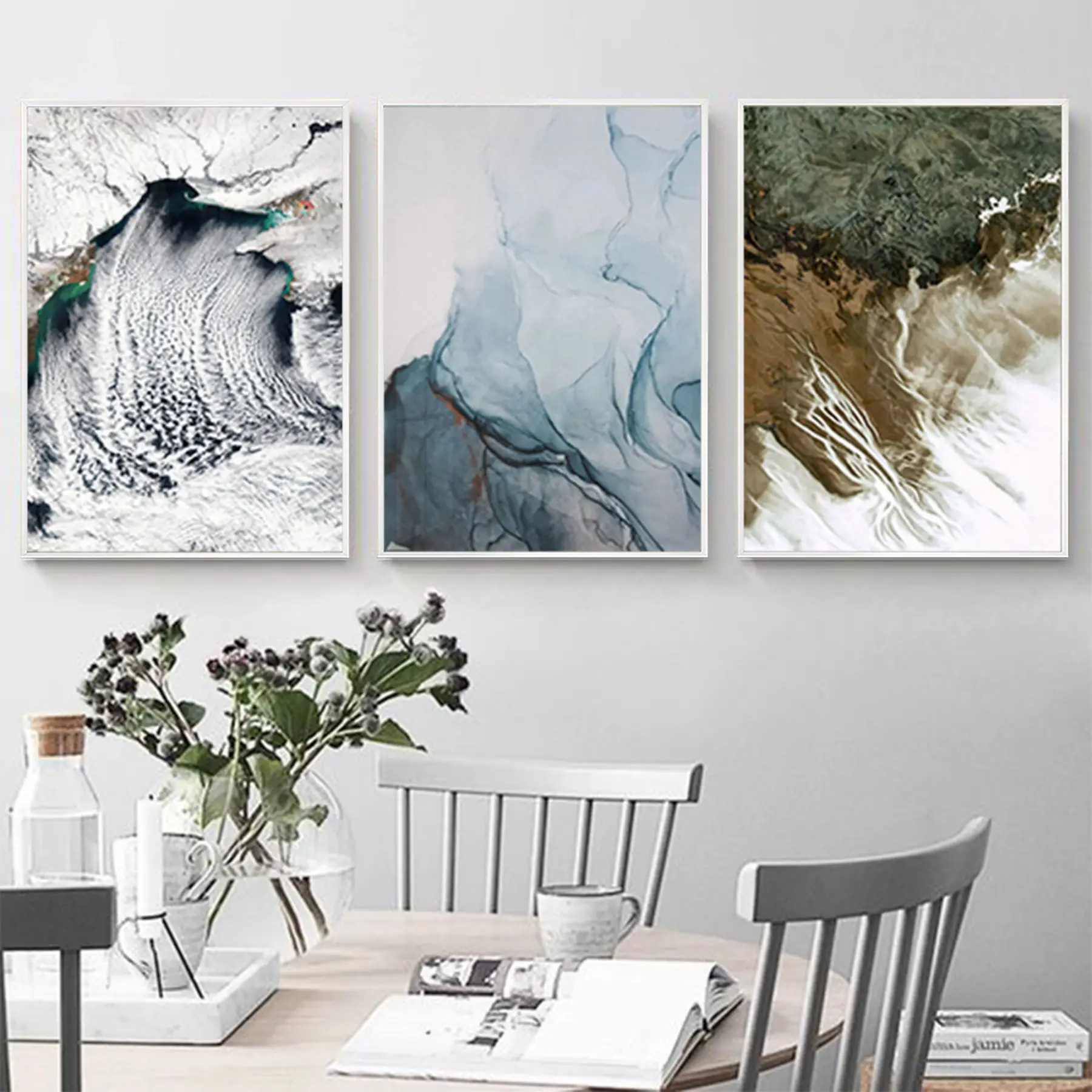 Deniz Dalgaları Soyut Desenli Metal Çerçeveli Tablo Seti Beyaz