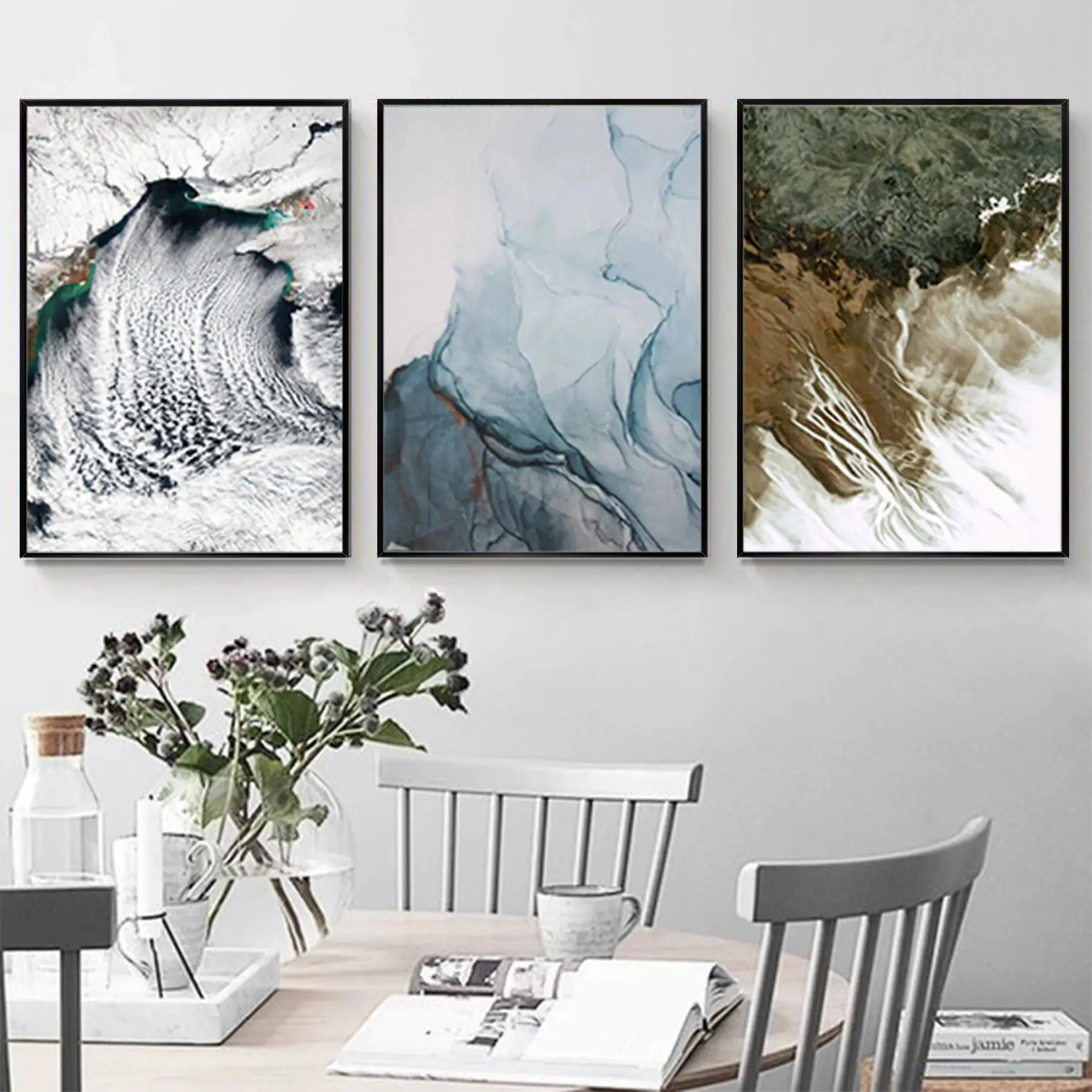 Deniz Dalgaları Soyut Desenli Metal Çerçeveli Tablo Seti Siyah