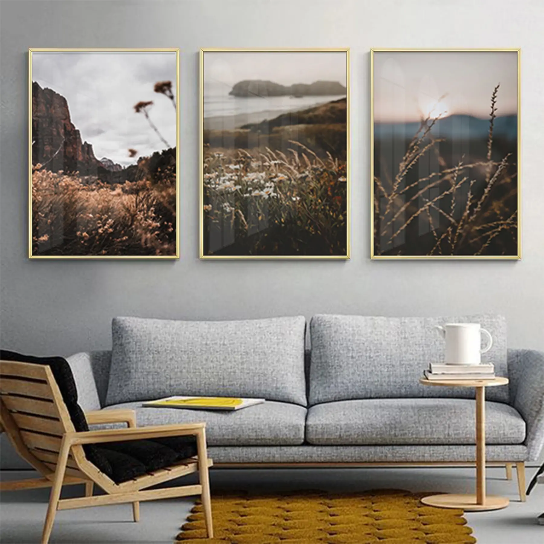 Gün Bitimi Manzara Desenli Metal Çerçeveli Tablo Seti Altın