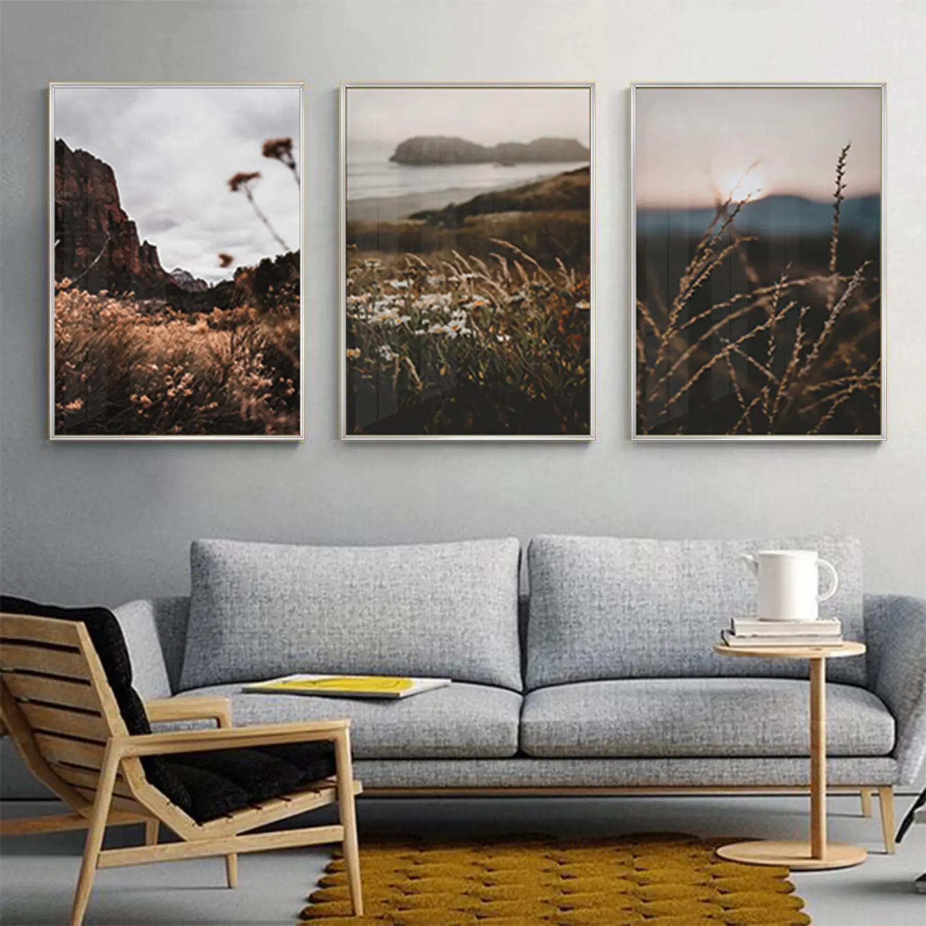 Gün Bitimi Manzara Desenli Metal Çerçeveli Tablo Seti Gümüş