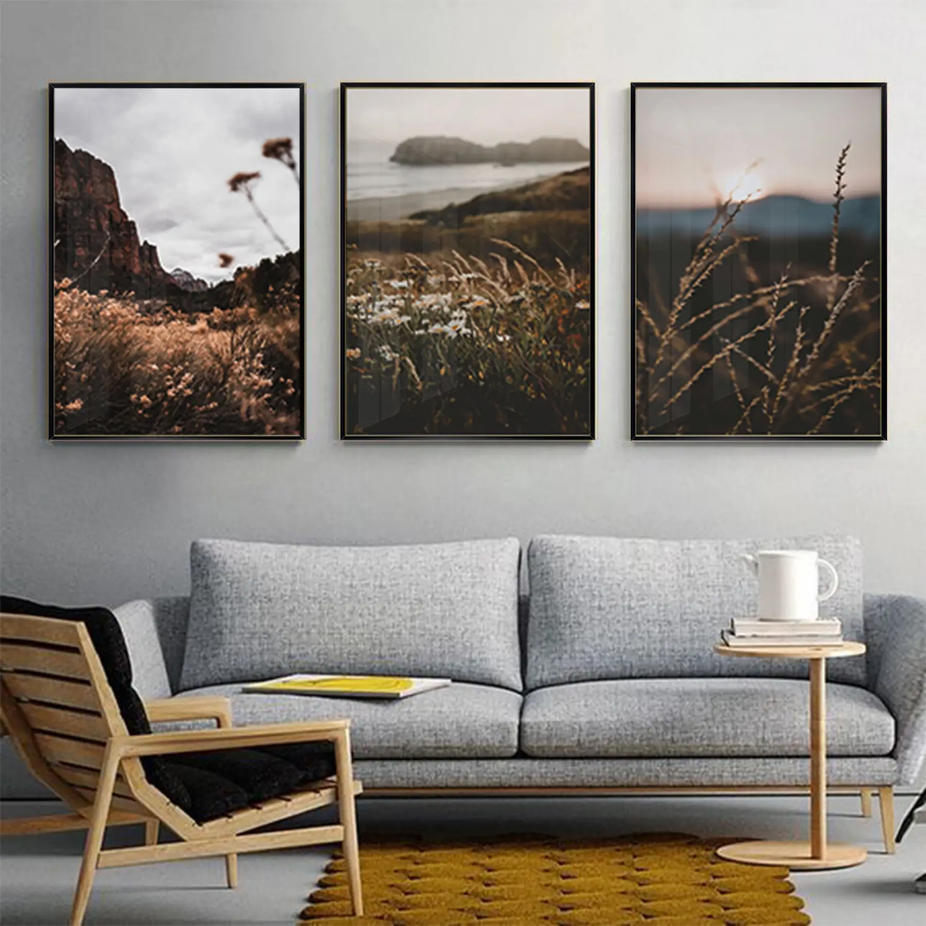 Gün Bitimi Manzara Desenli Metal Çerçeveli Tablo Seti Siyah