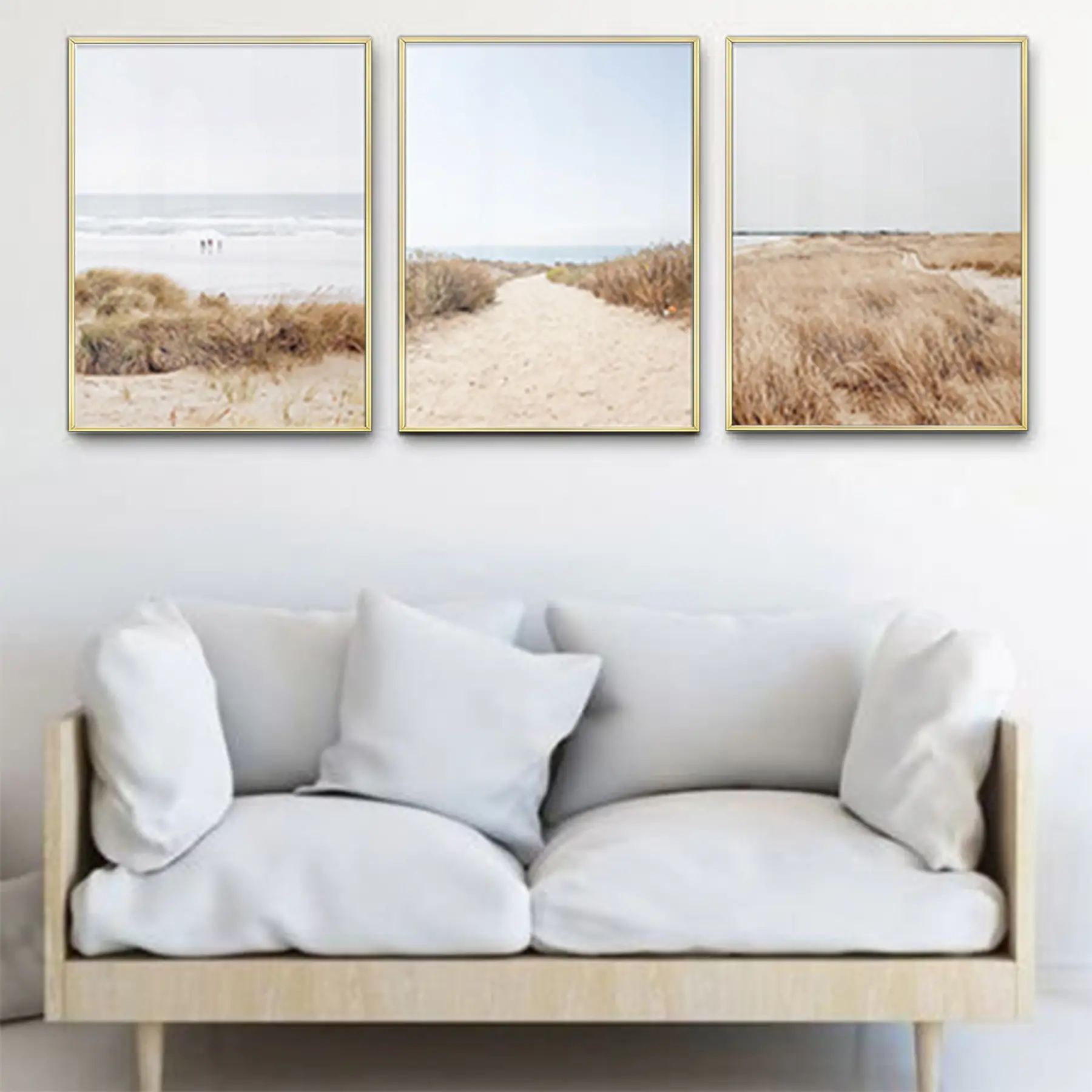 Kumsal Desenli Manzara Detaylı Metal Çerçeveli Tablo Seti Altın