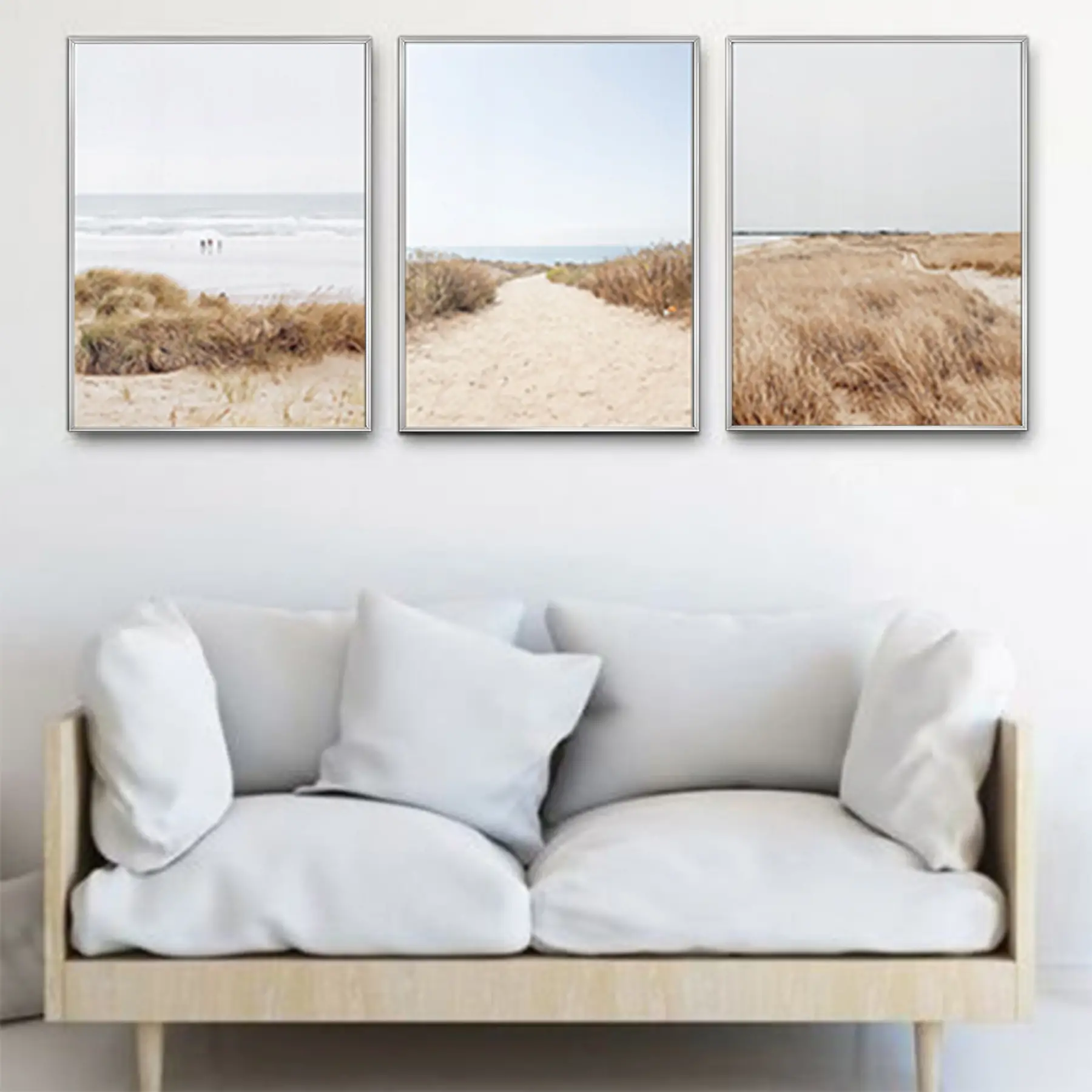 Kumsal Desenli Manzara Detaylı Metal Çerçeveli Tablo Seti Gümüş