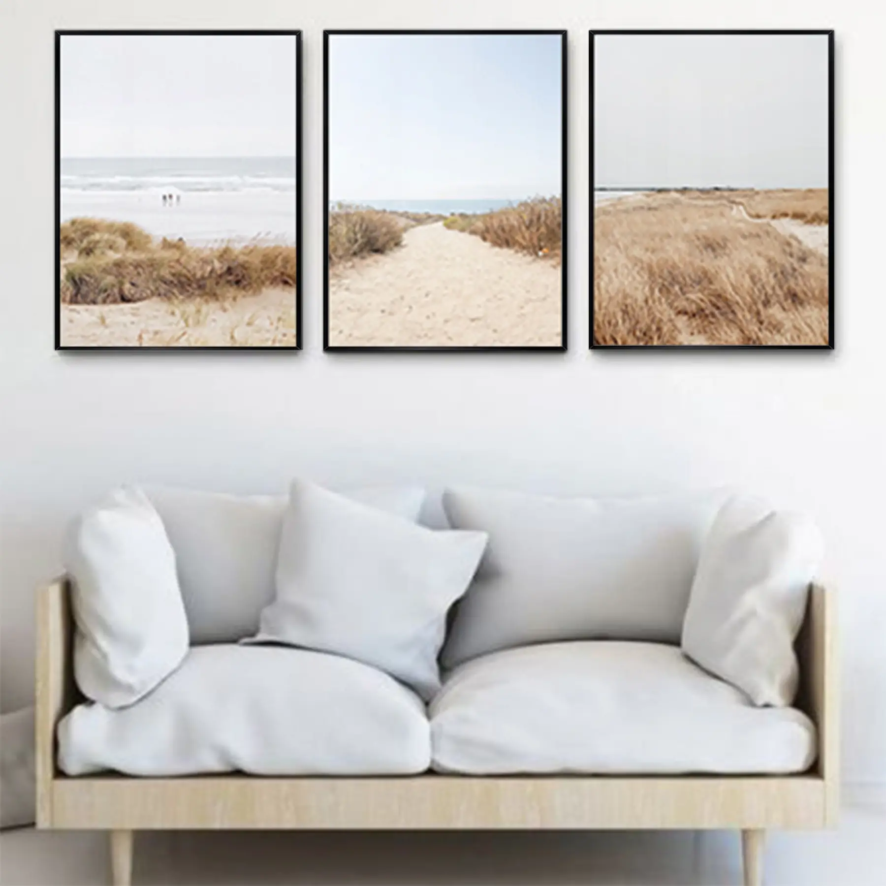 Kumsal Desenli Manzara Detaylı Metal Çerçeveli Tablo Seti Siyah