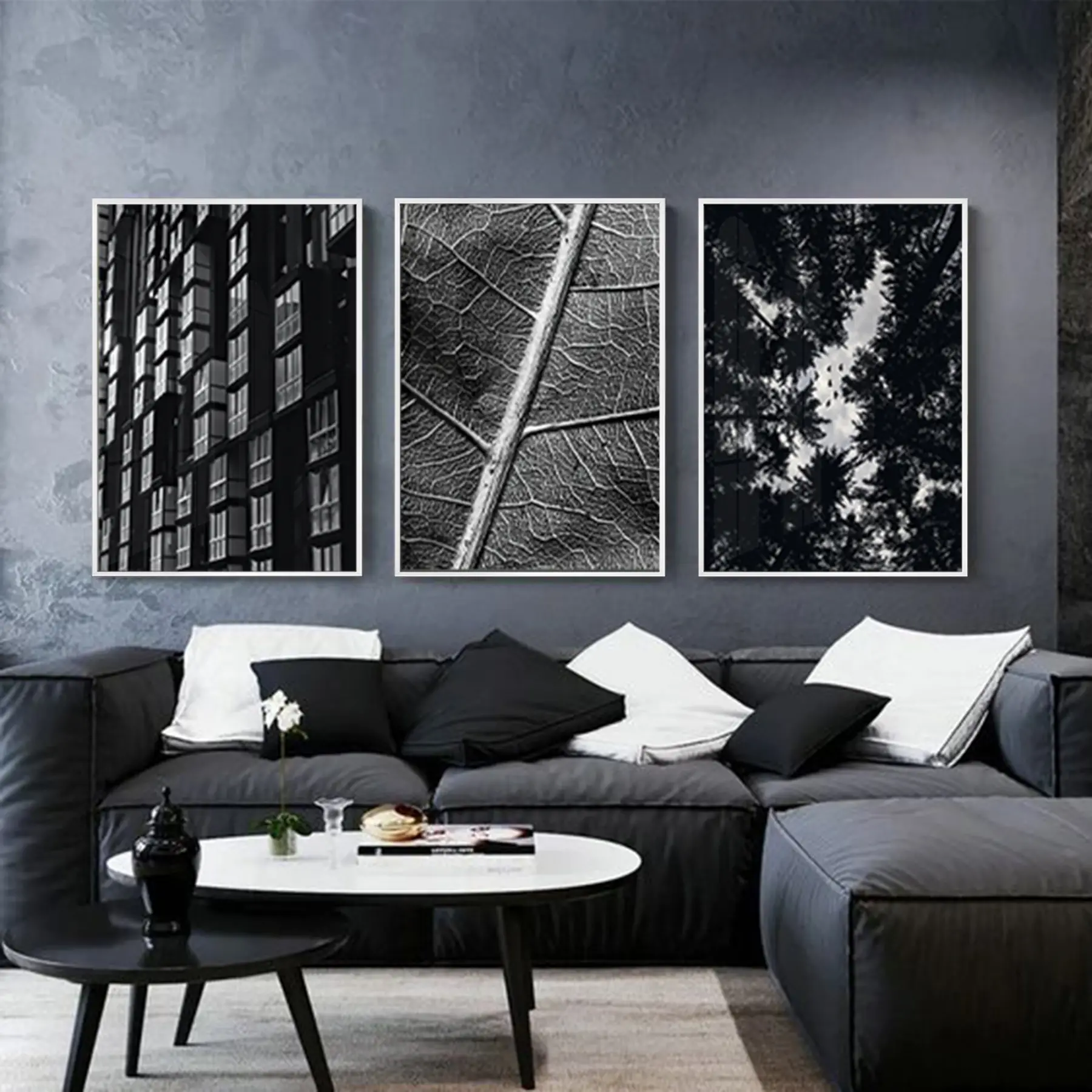 Siyah Beyaz Desenli Metal Çerçeveli Tablo Seti Beyaz