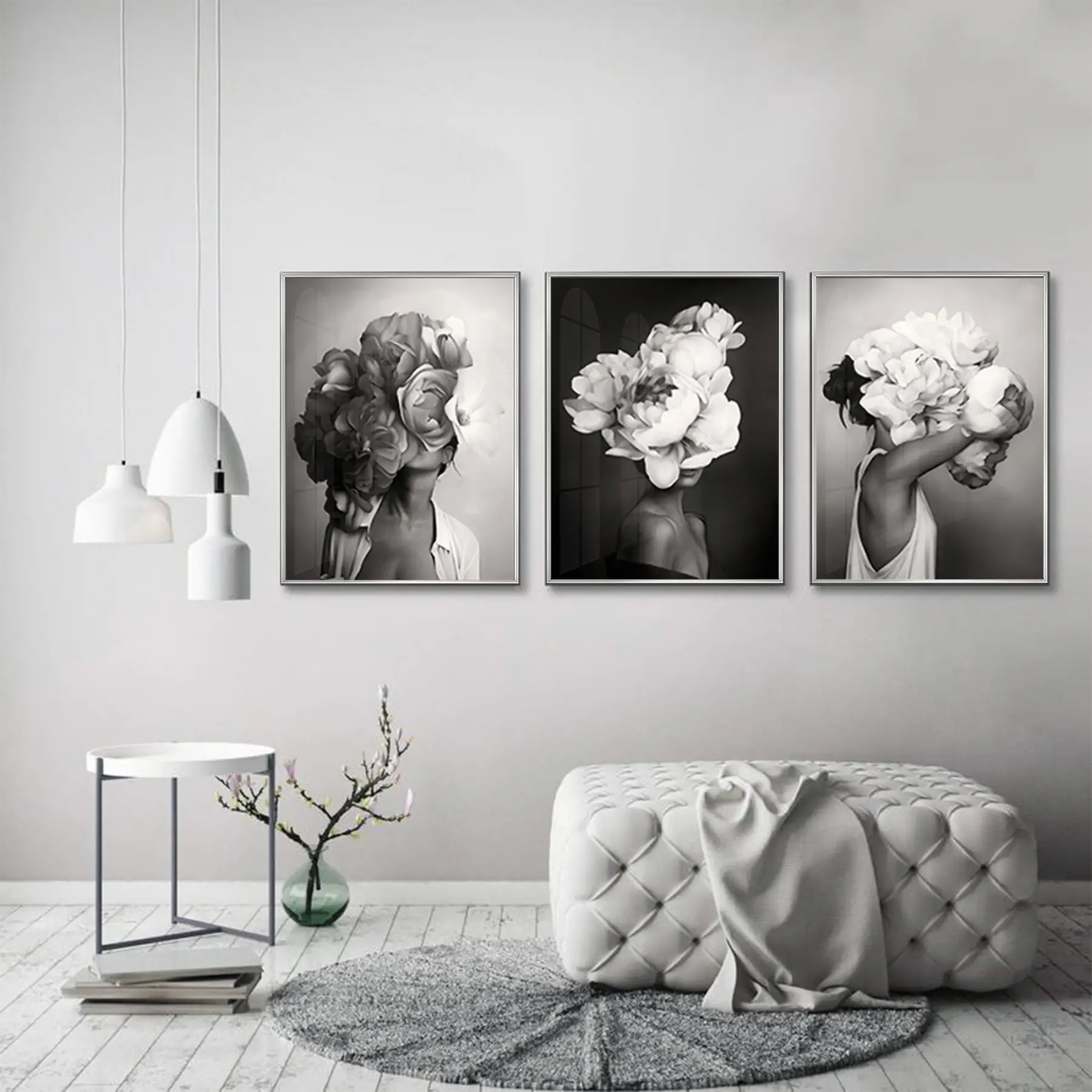 Siyah Beyaz Desenli Metal Çerçeveli Tablo Seti Gümüş