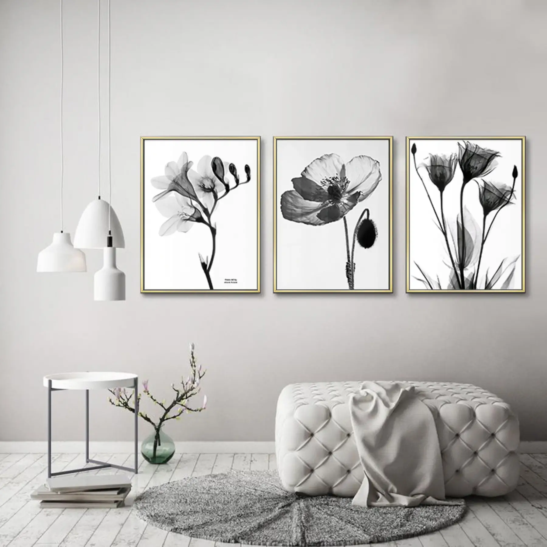 Siyah Beyaz Desenli Metal Çerçeveli Tablo Seti Altın