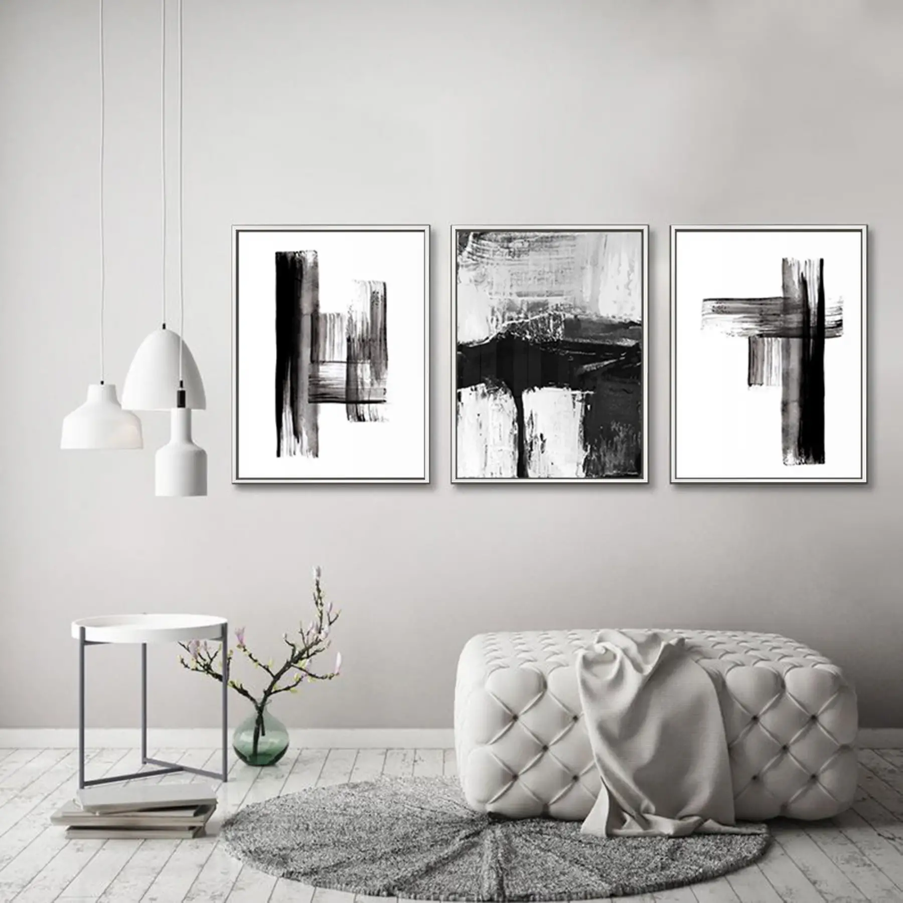 Siyah Beyaz Desenli Metal Çerçeveli Tablo Seti Beyaz