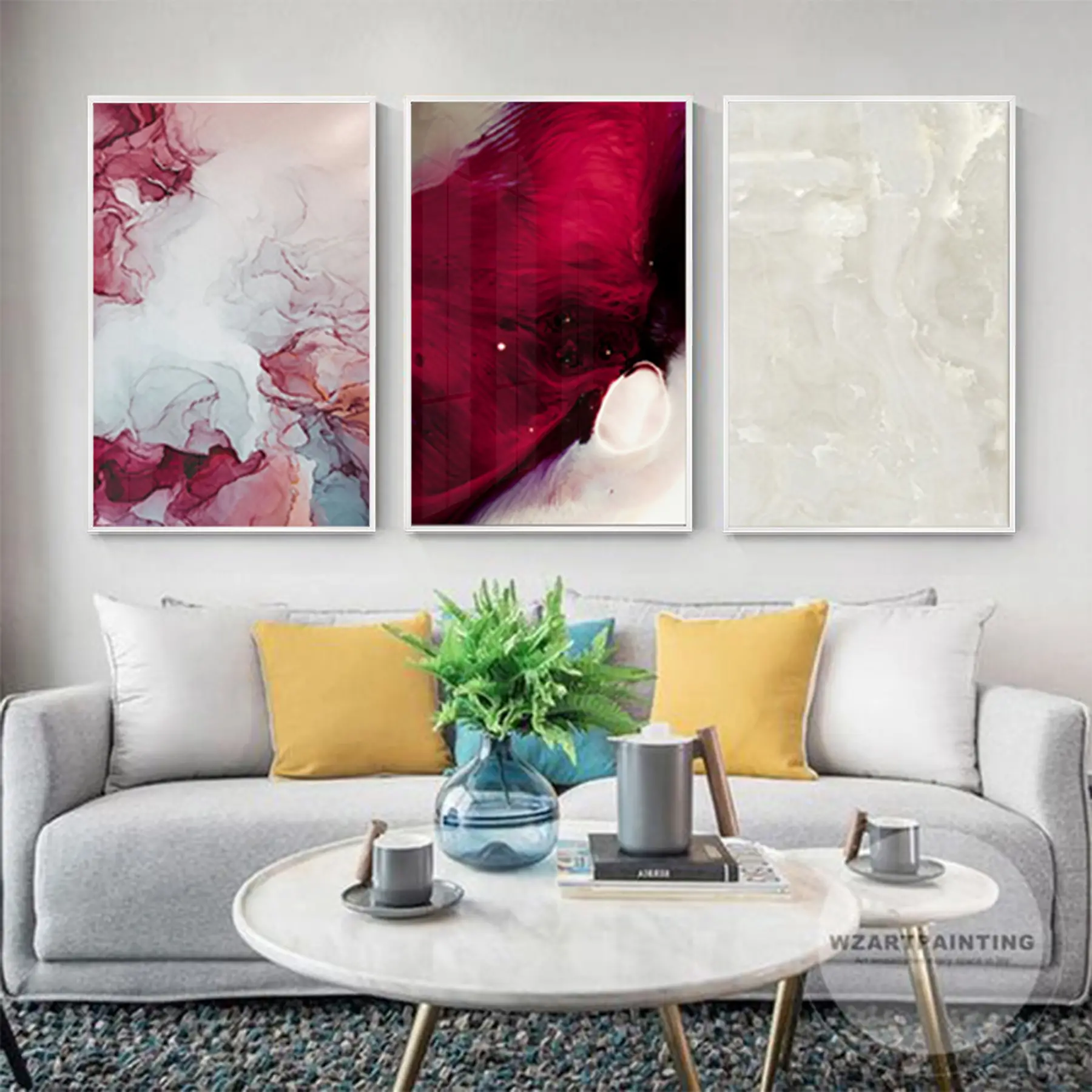 Soyut Tasarım Metal Çerçeveli Tablo Seti Beyaz