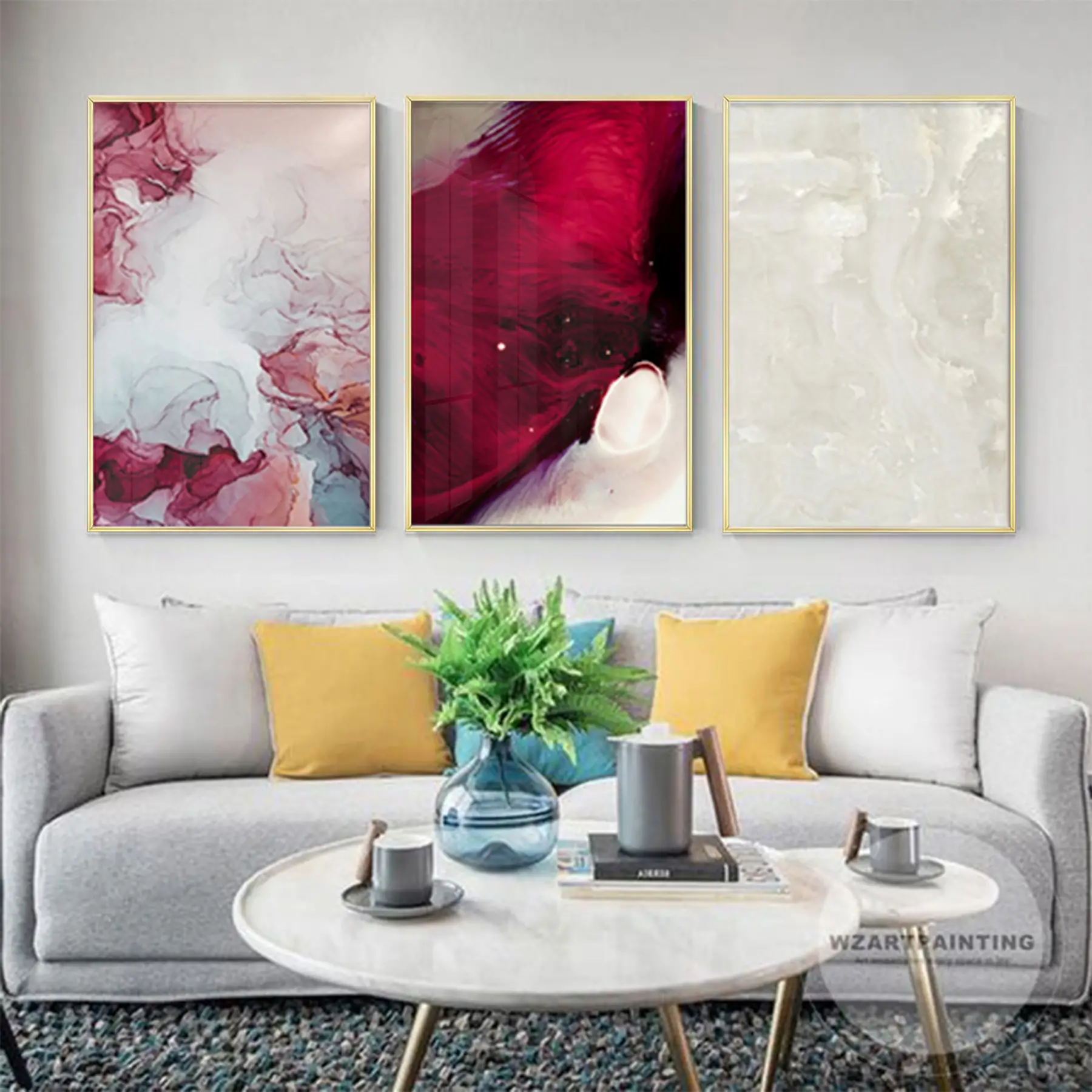 Soyut Tasarım Metal Çerçeveli Tablo Seti Altın