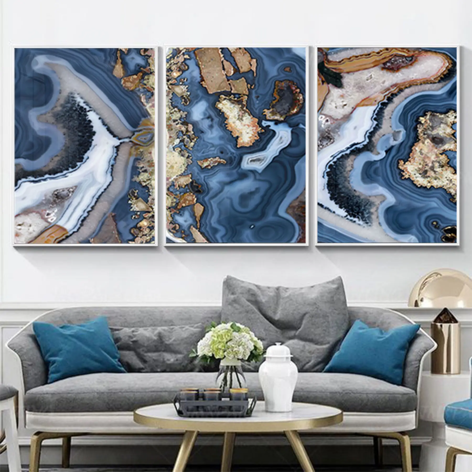 Soyut Tasarım Metal Çerçeveli Tablo Seti Beyaz