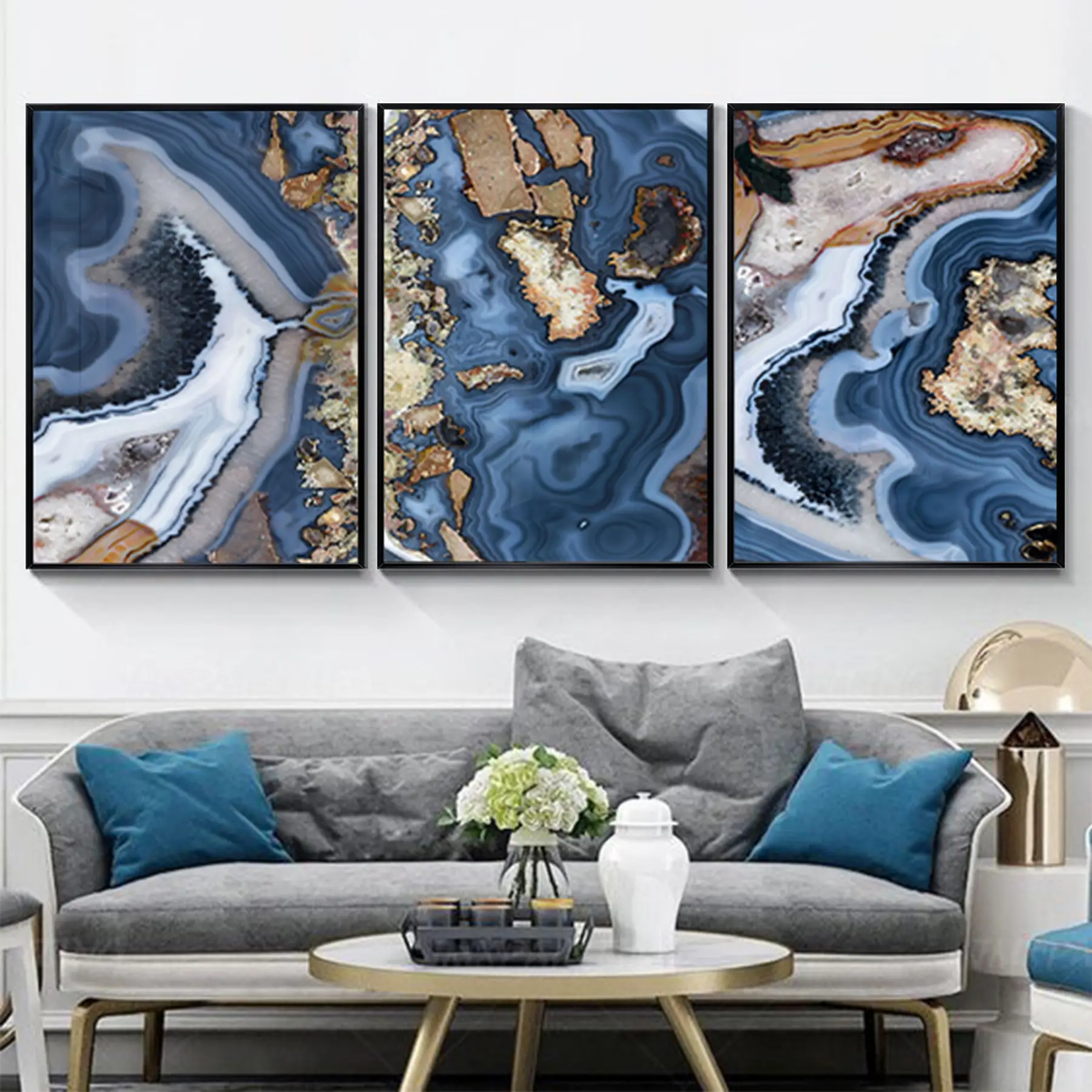 Soyut Tasarım Metal Çerçeveli Tablo Seti Siyah