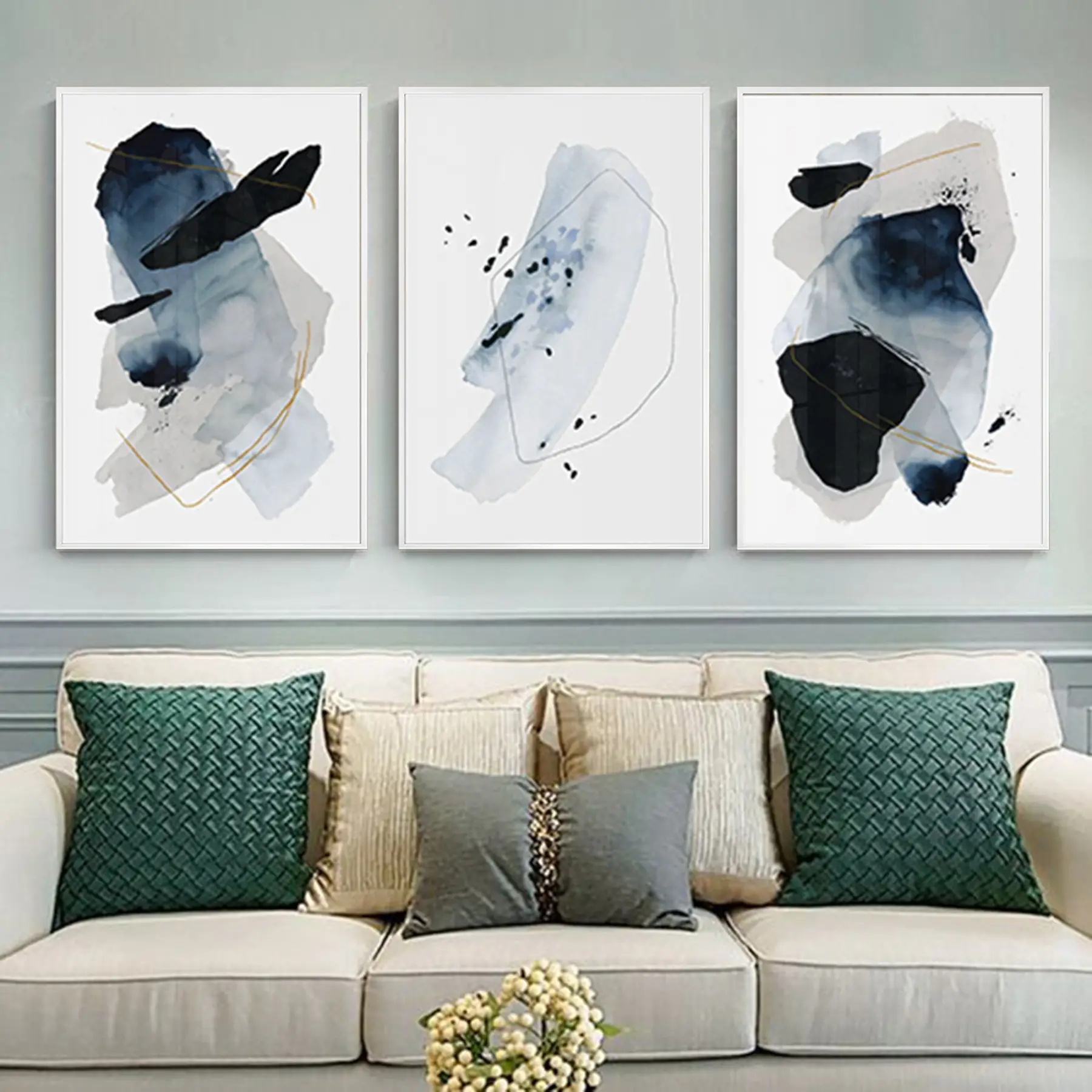 Soyut Tasarım Metal Çerçeveli Tablo Seti Beyaz