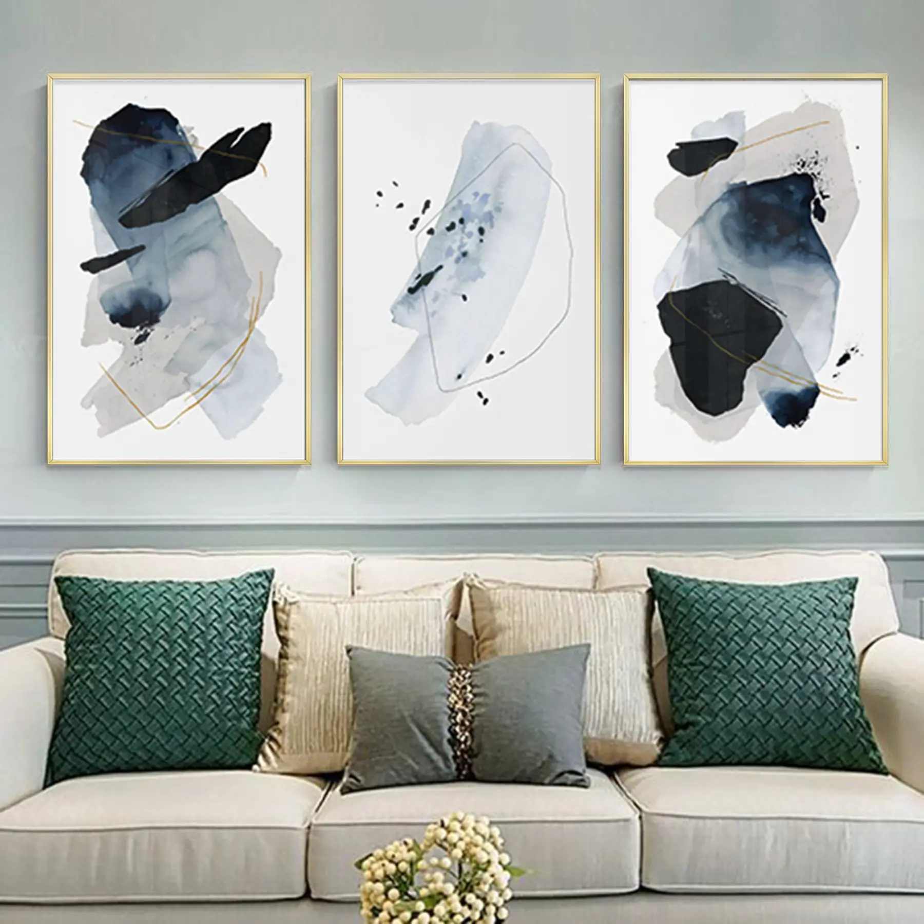 Soyut Tasarım Metal Çerçeveli Tablo Seti Altın