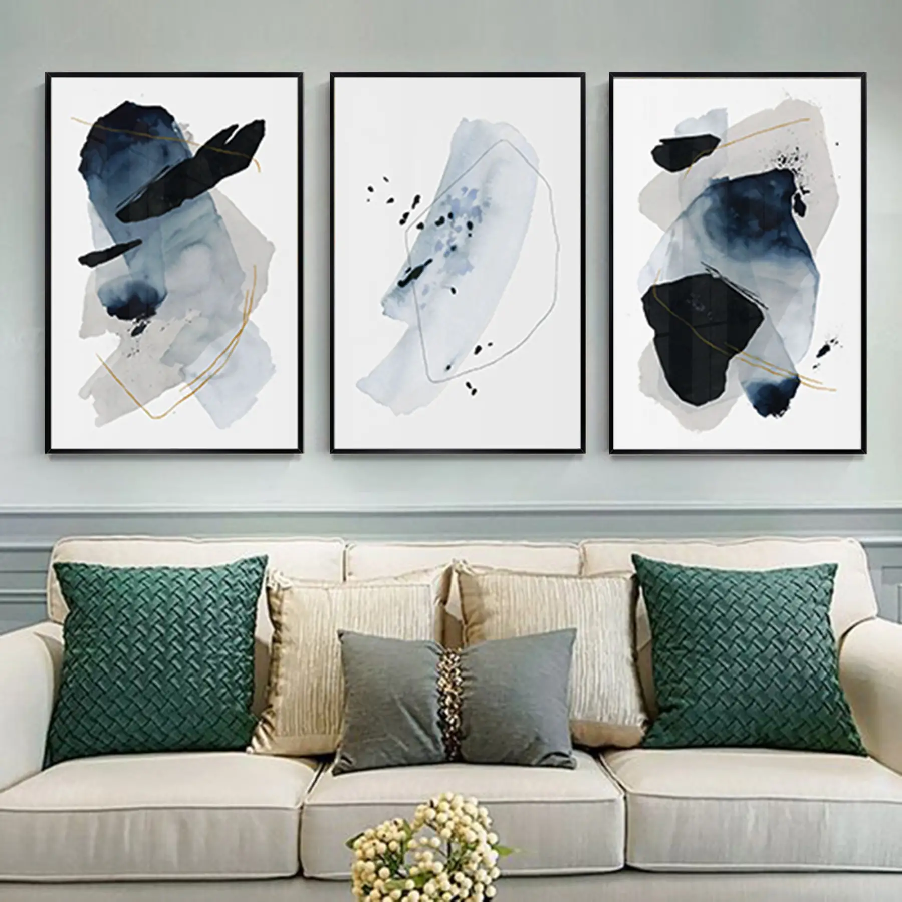 Soyut Tasarım Metal Çerçeveli Tablo Seti Siyah