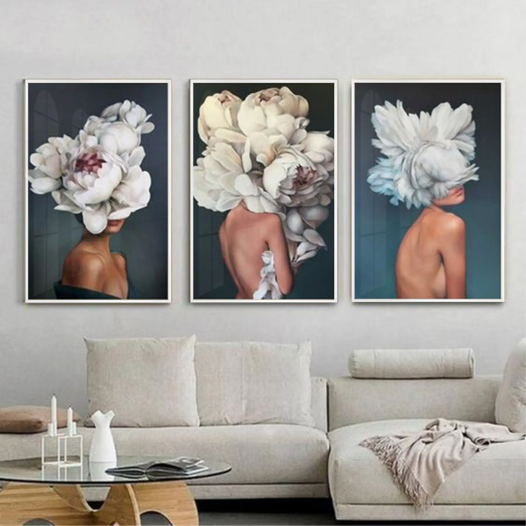 Soyut Kadın Figürleri Metal Çerçeveli Tablo Seti Beyaz