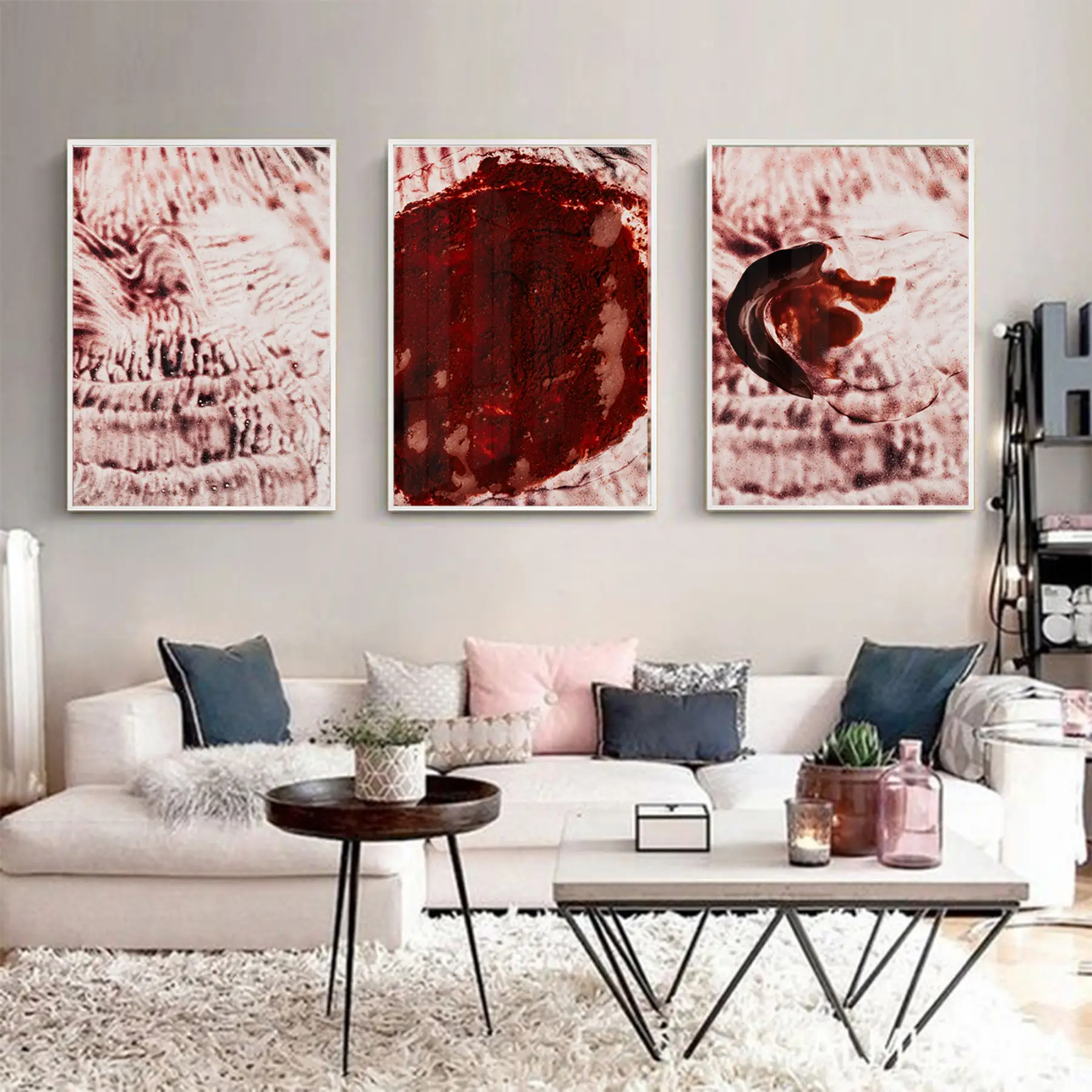 Soyut Tasarım Metal Çerçeveli Tablo Seti Beyaz