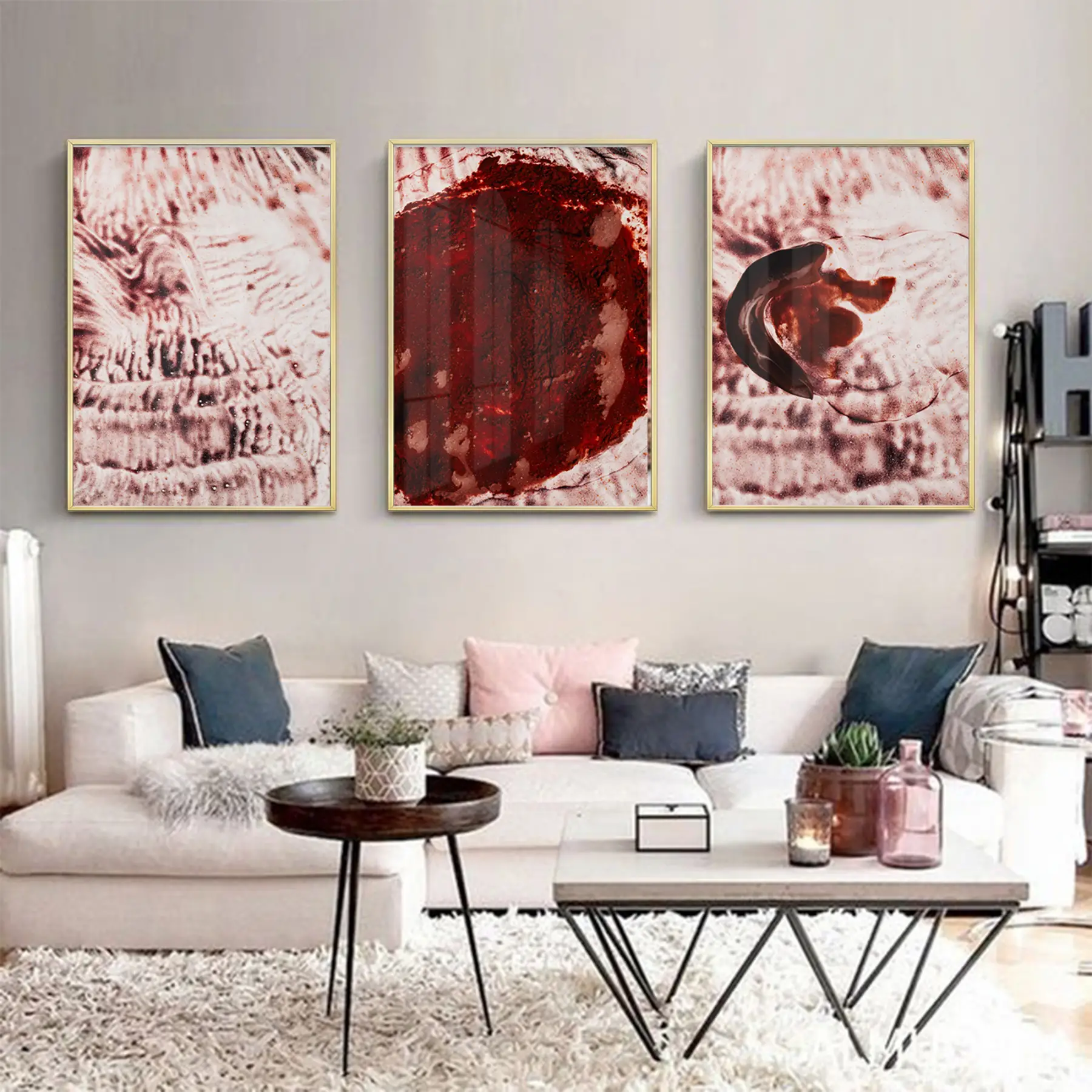 Soyut Tasarım Metal Çerçeveli Tablo Seti Altın