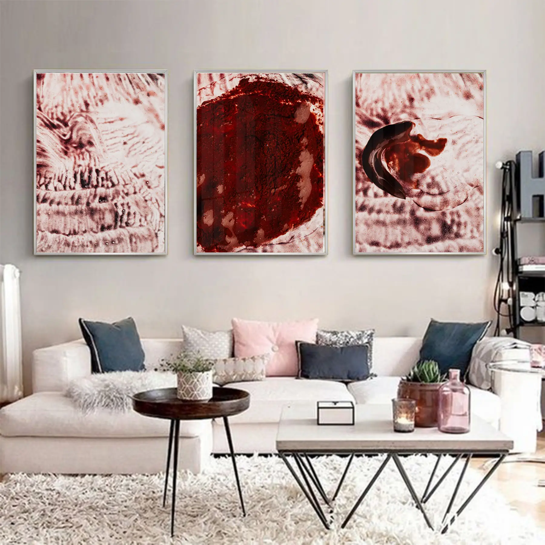 Soyut Tasarım Metal Çerçeveli Tablo Seti Gümüş