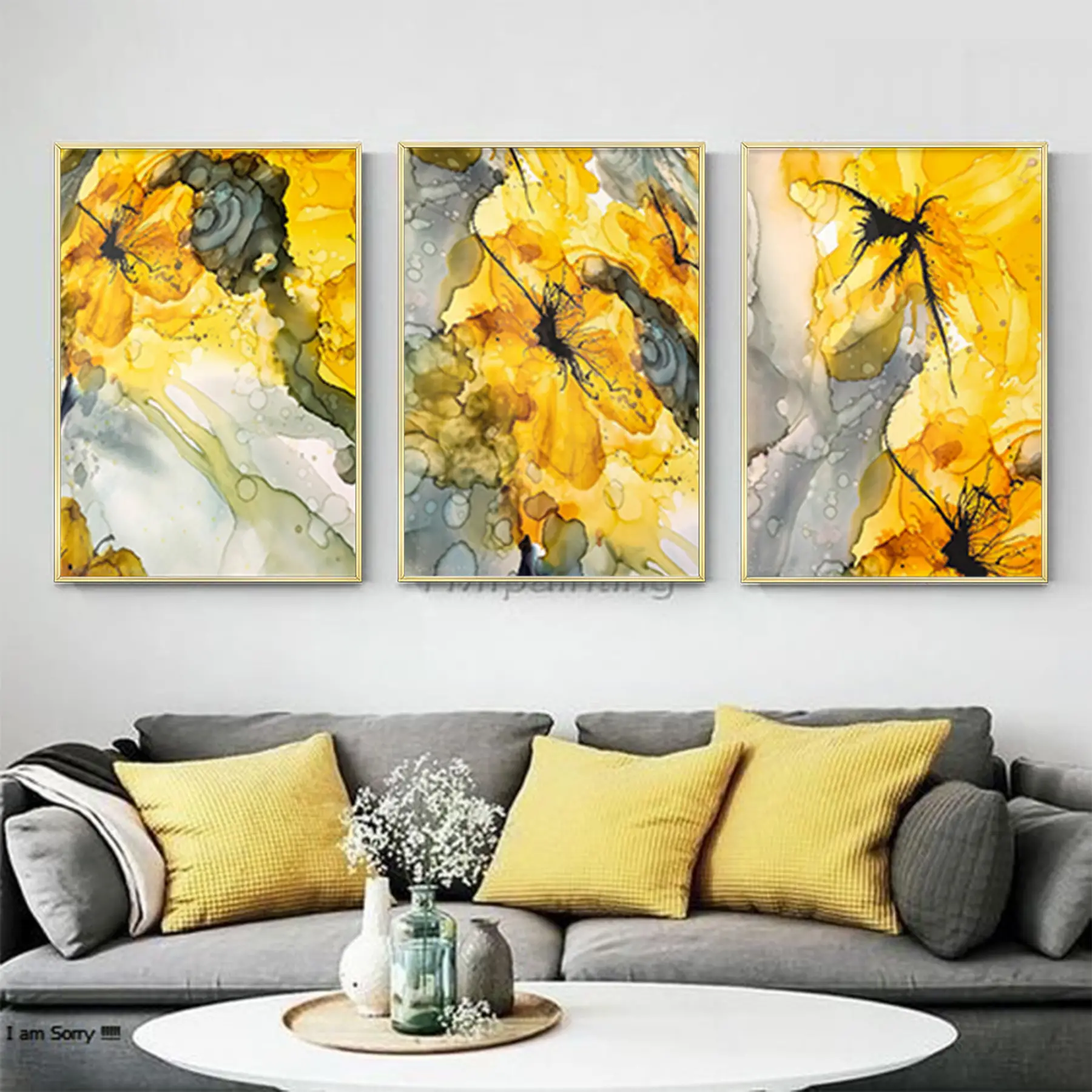 Soyut Tasarım Metal Çerçeveli Tablo Seti Altın