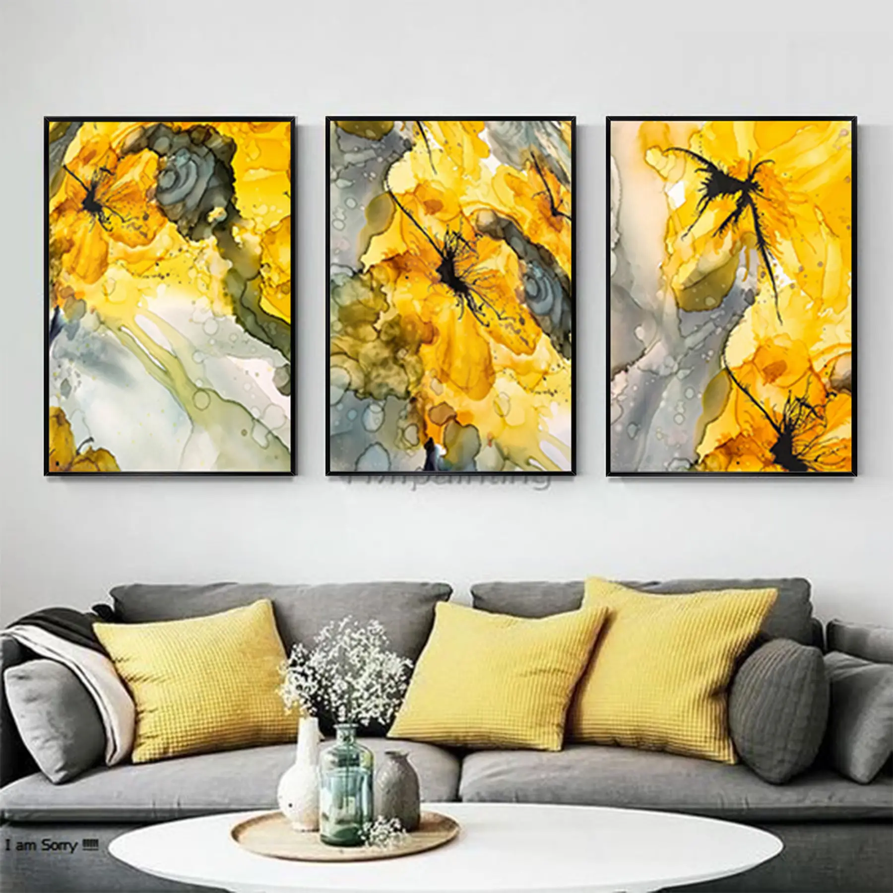 Soyut Tasarım Metal Çerçeveli Tablo Seti Siyah