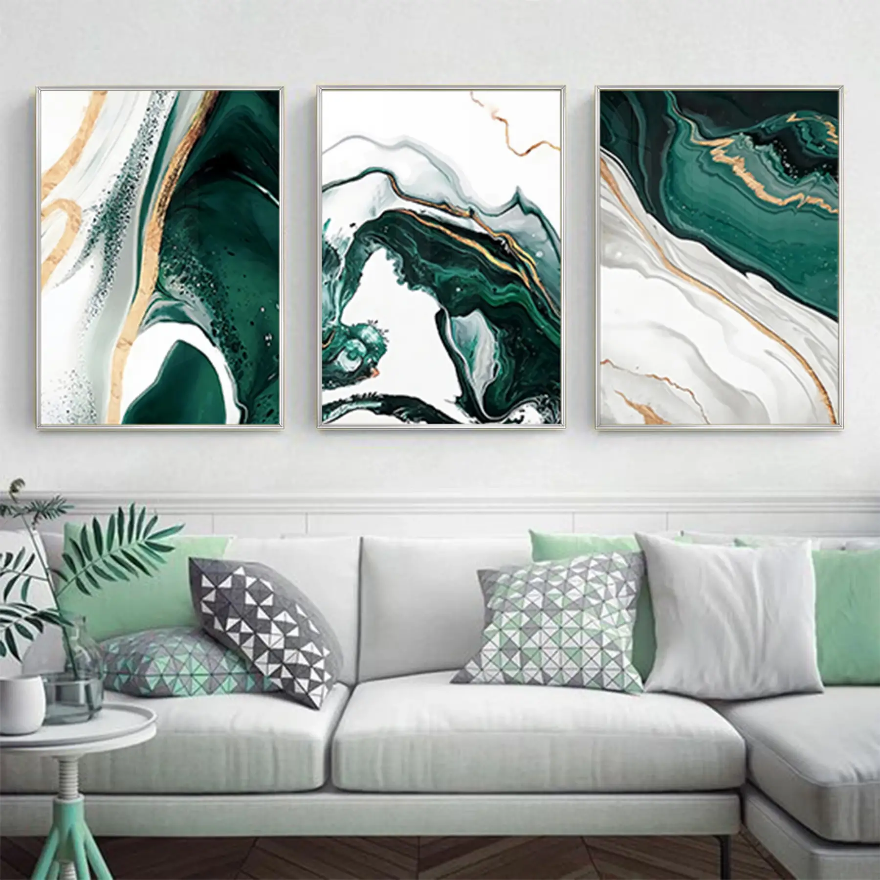 Soyut Yeşil Desenli Metal Çerçeveli Tablo Seti Gümüş